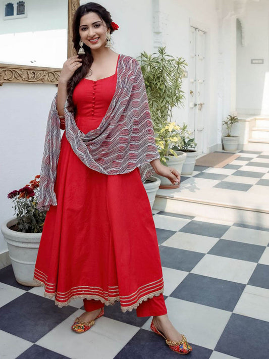 Solid Red Chiffon Anarkali Set