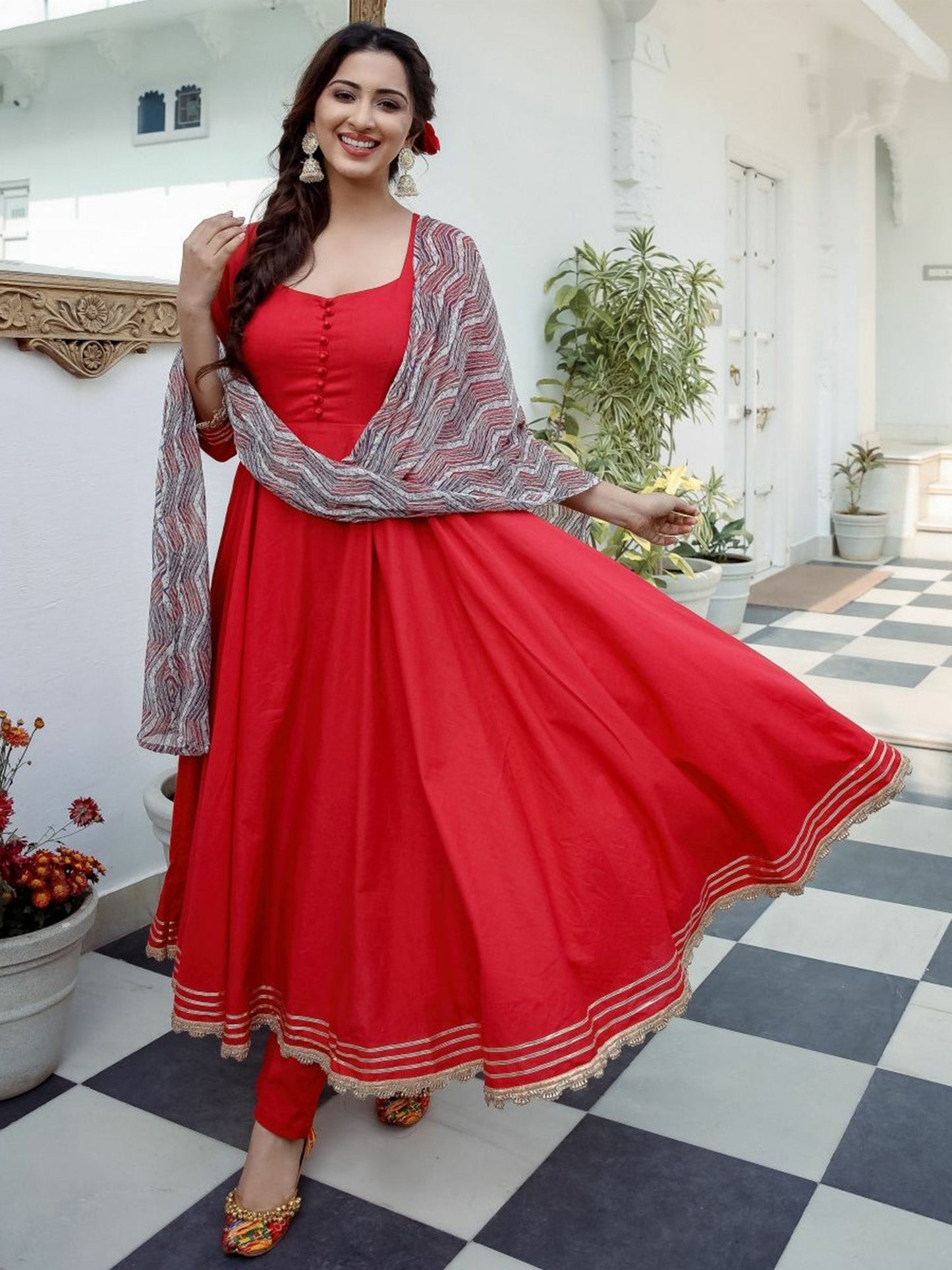 Solid Red Chiffon Anarkali Set