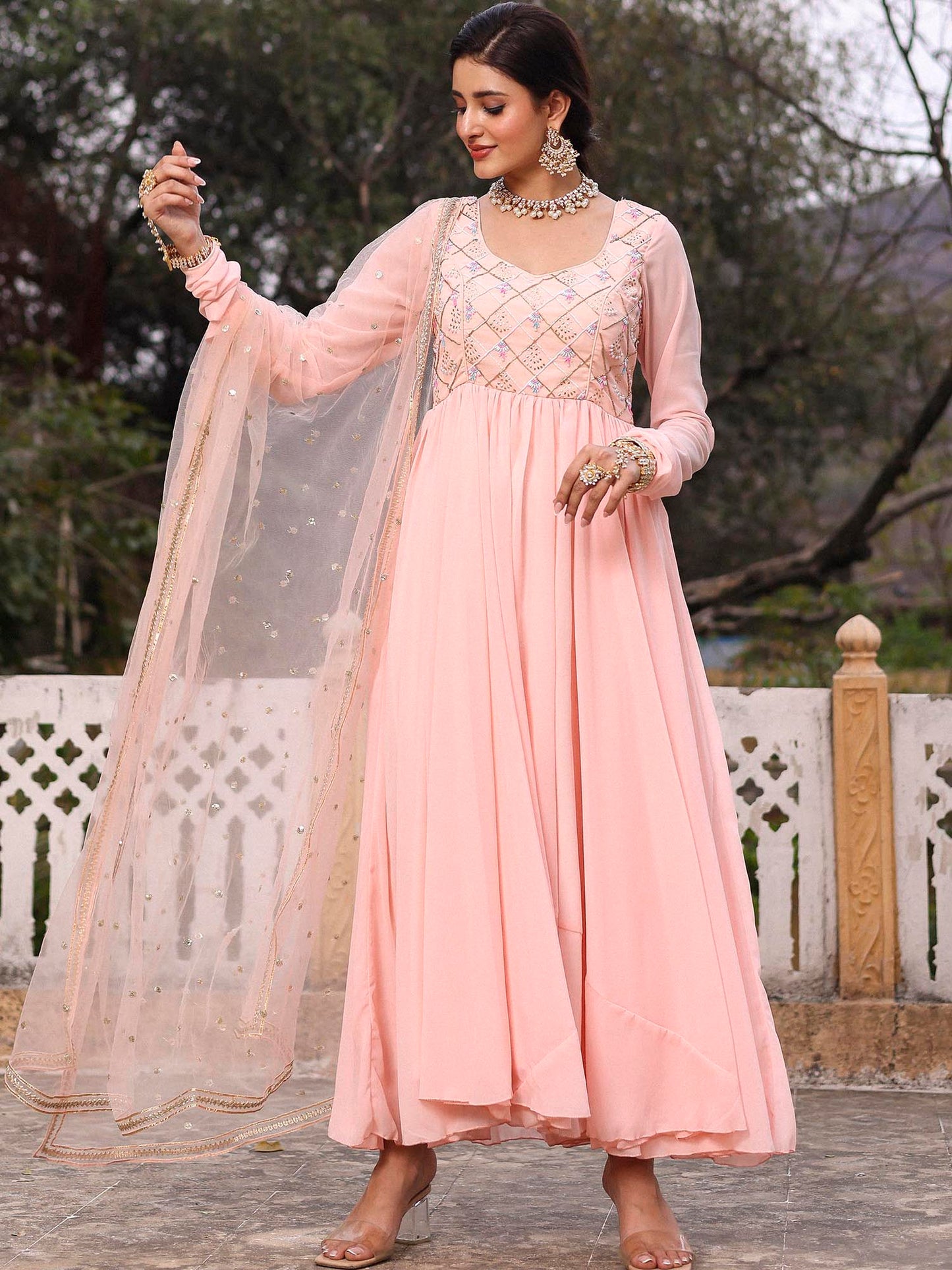 PINK MUKAISH ANARKALI SET