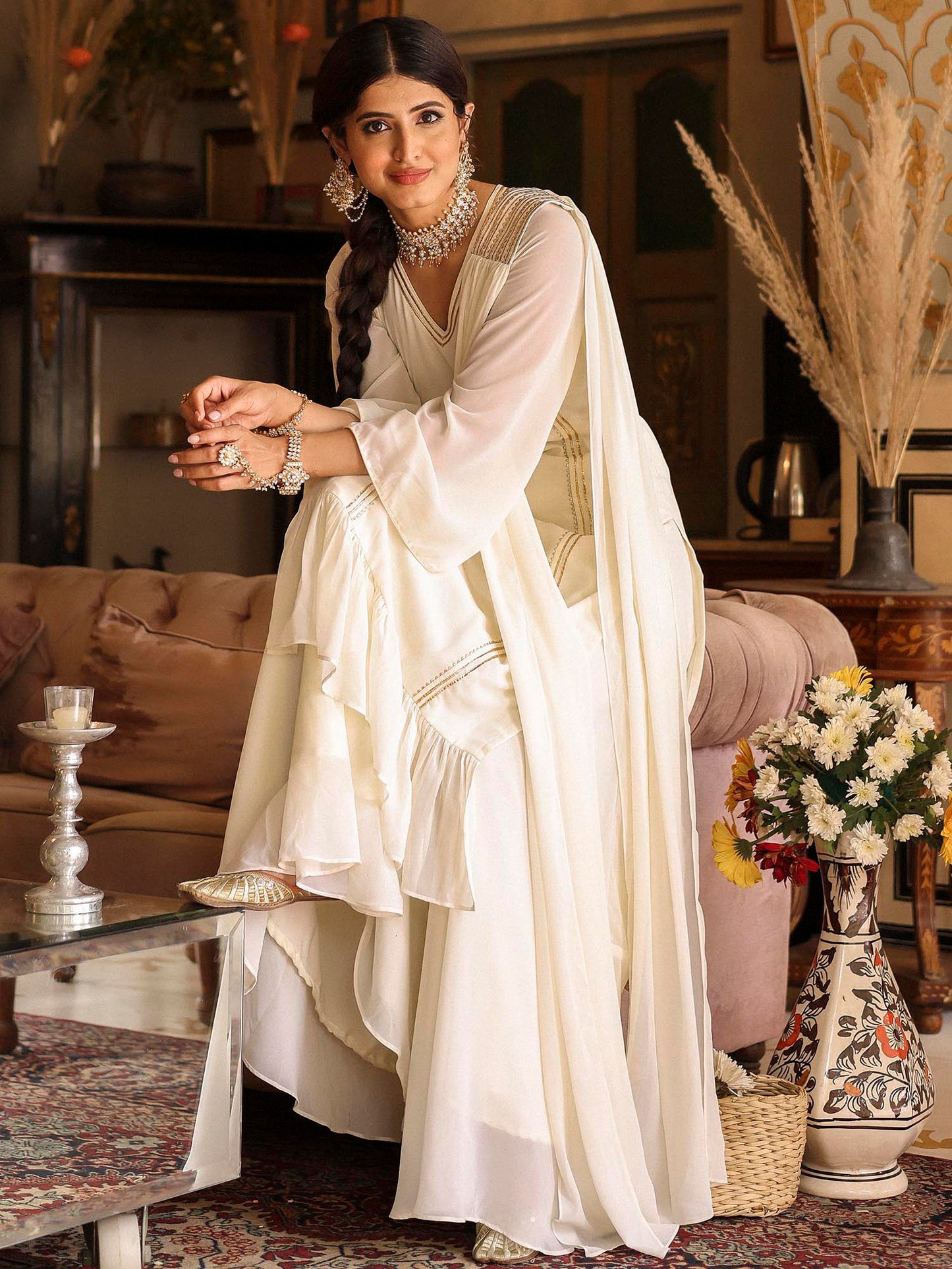 OFF WHITE KURTA SHARARA SET