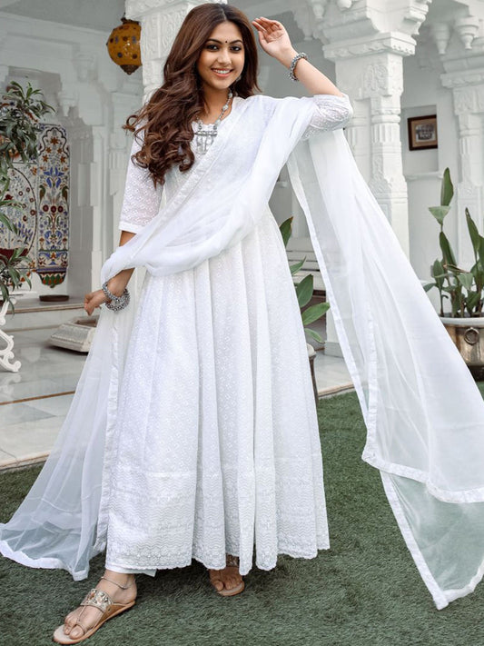 White Chikankari Anarkali Suit Set