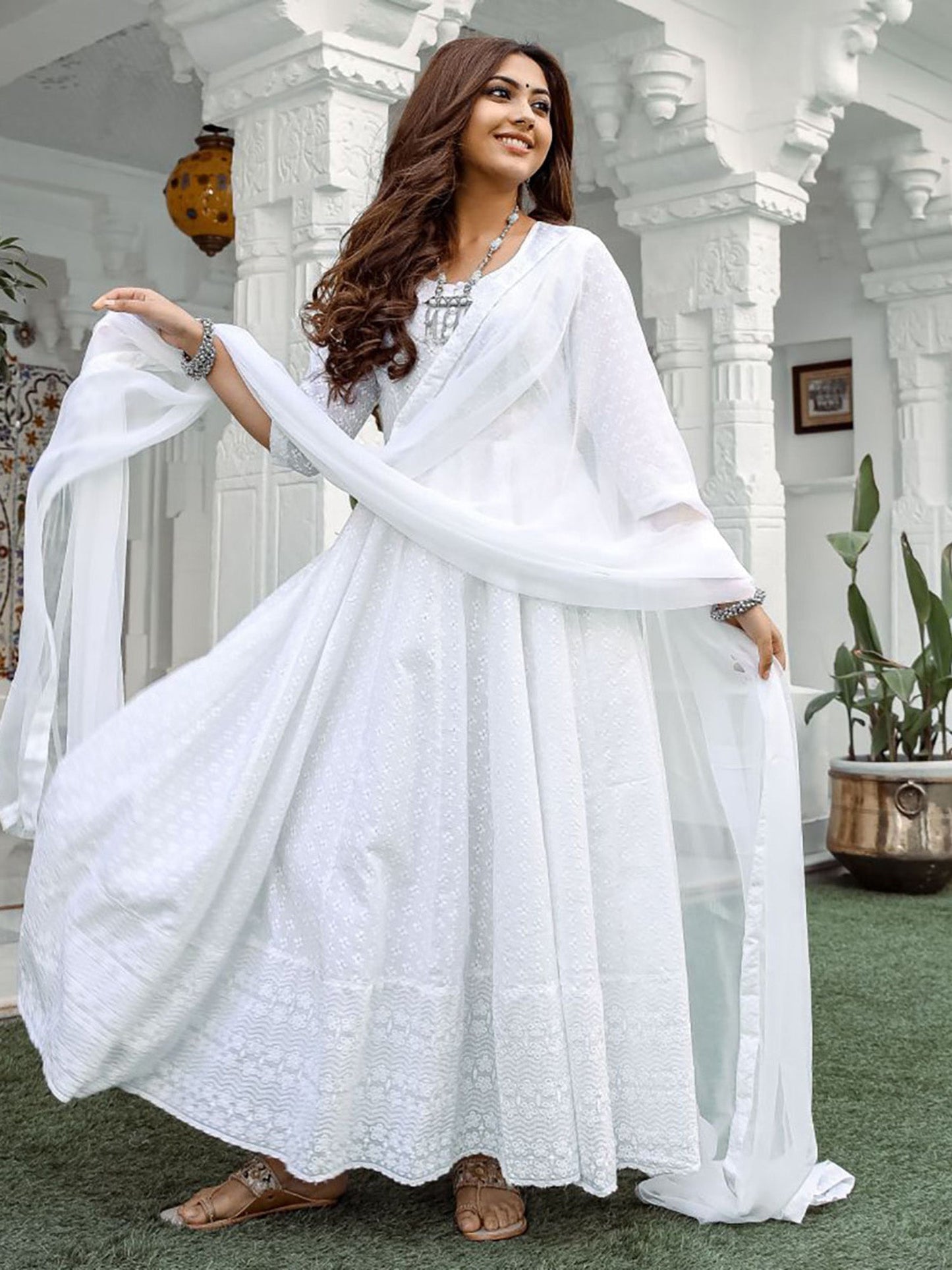 White Chikankari Anarkali Suit Set