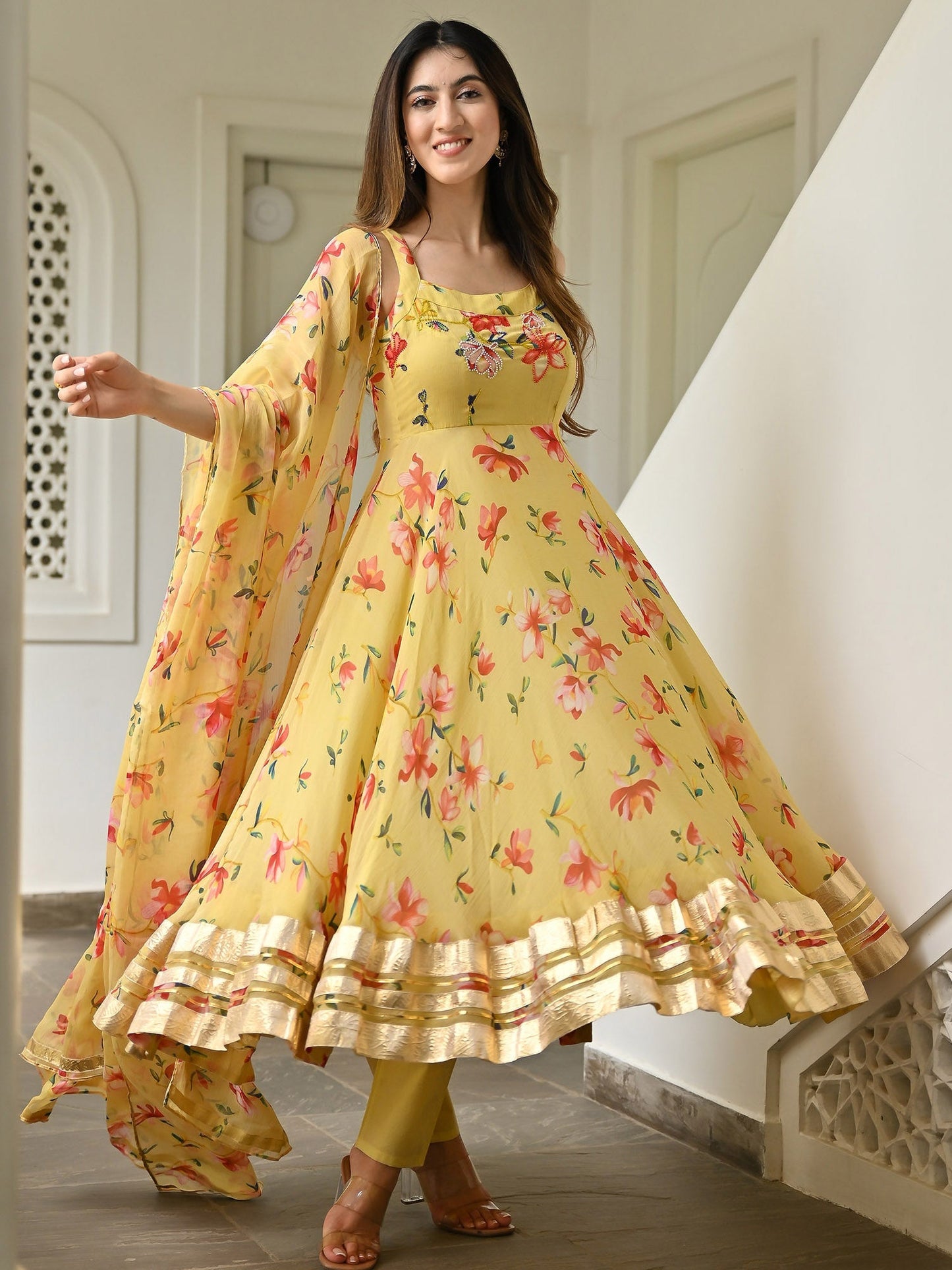 Yellow Printed Anarkali