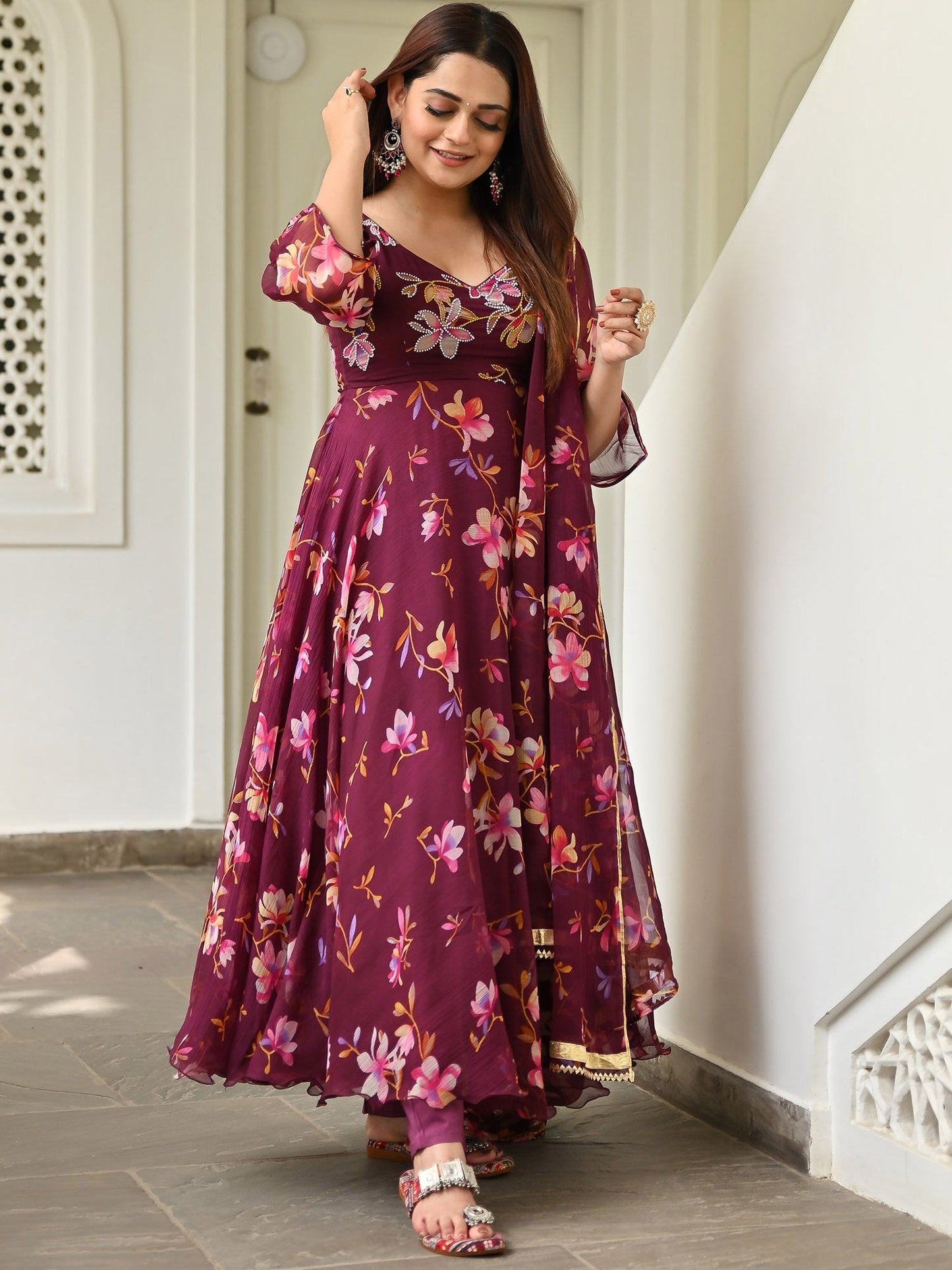 Maroon Printed Anarkali