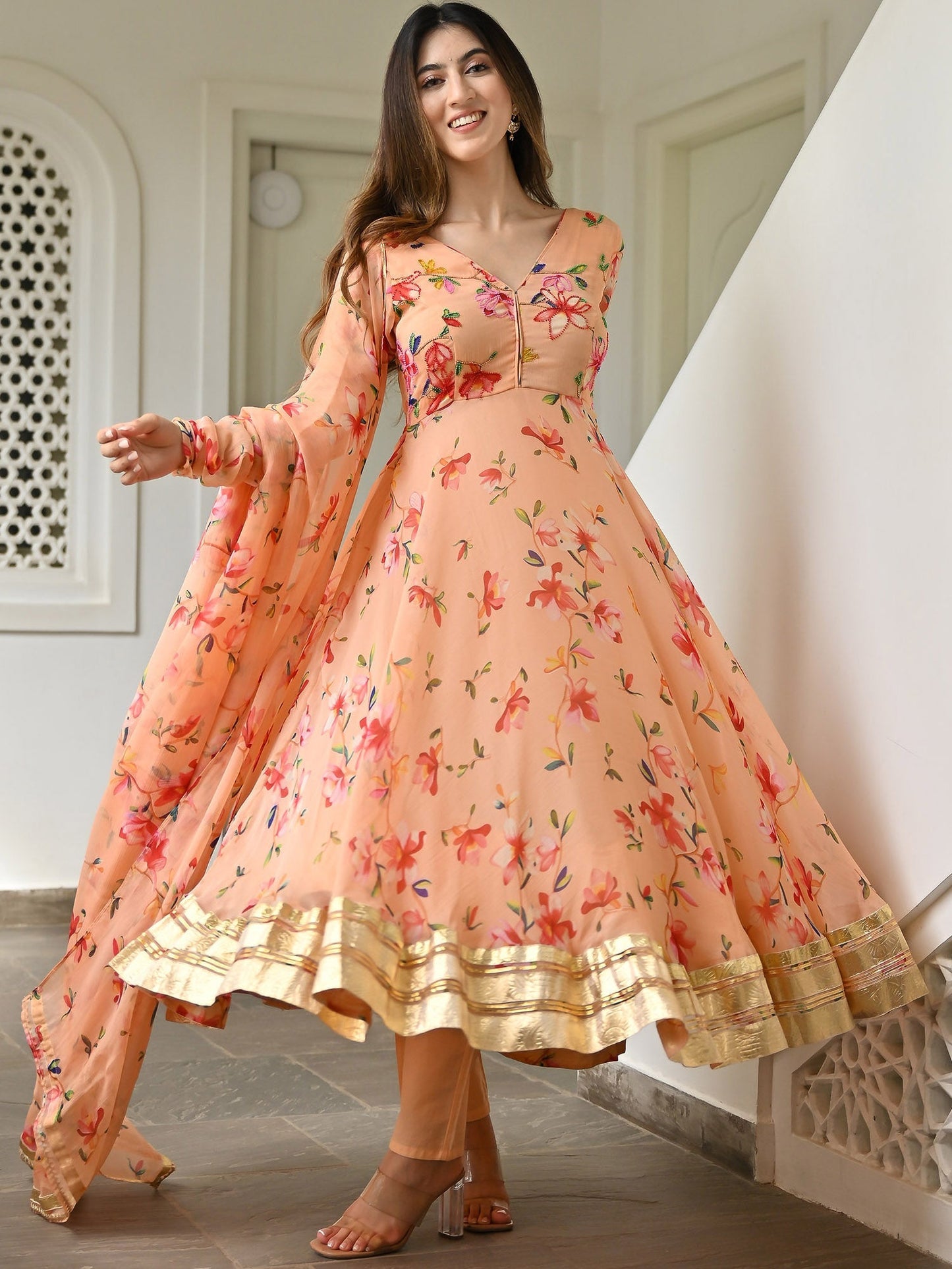 Peach Printed Anarkali