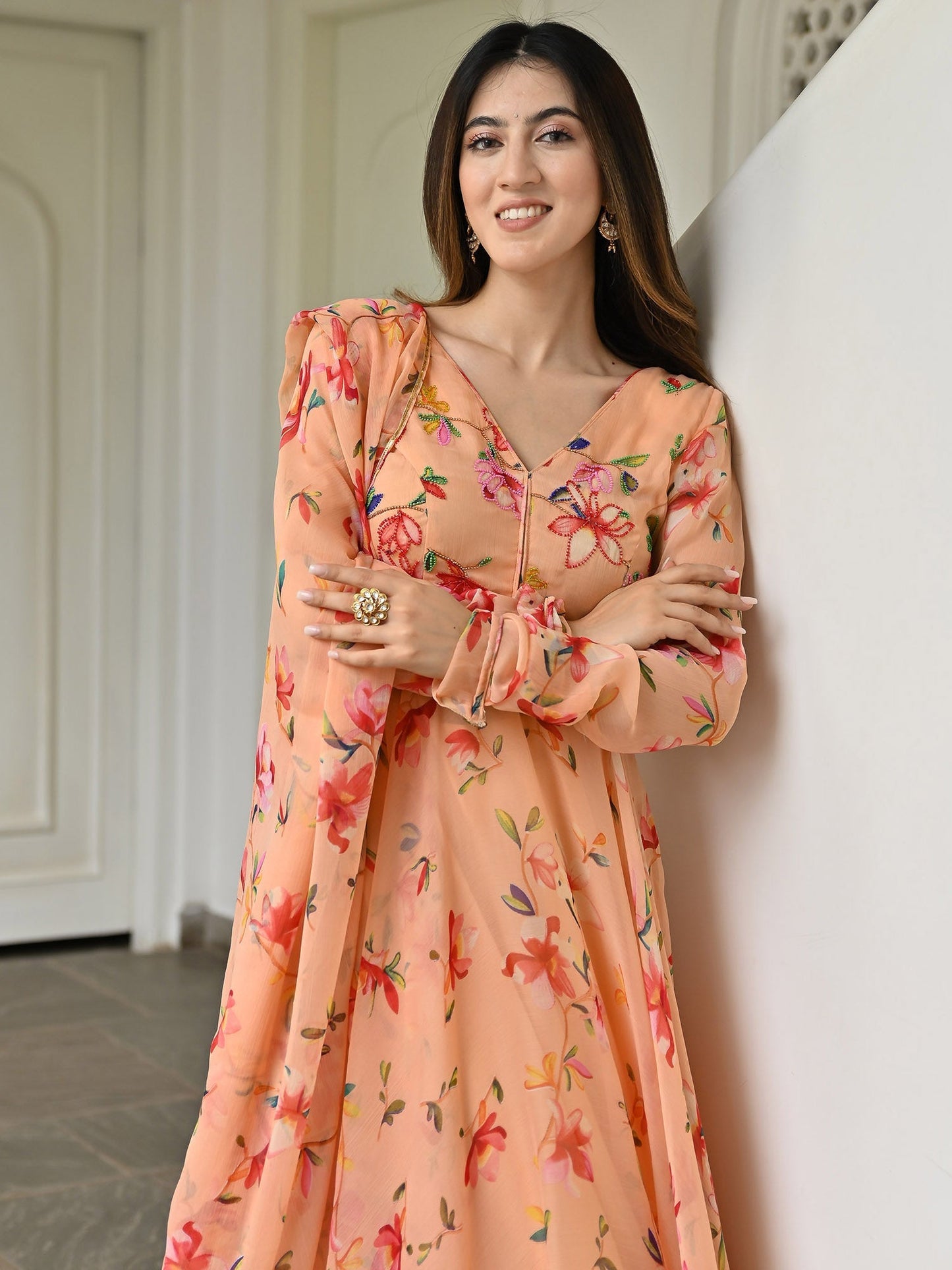 Peach Printed Anarkali