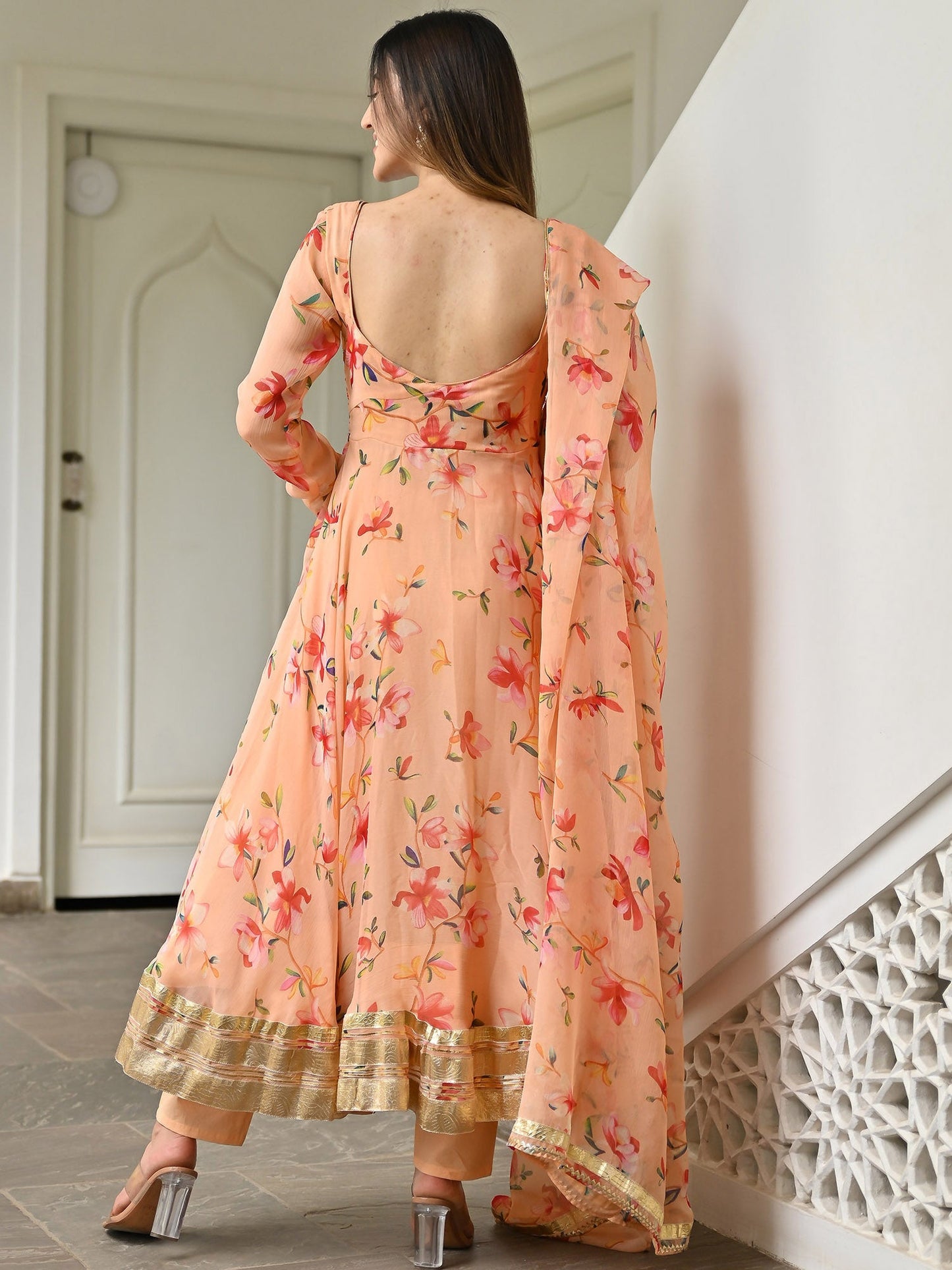 Peach Printed Anarkali
