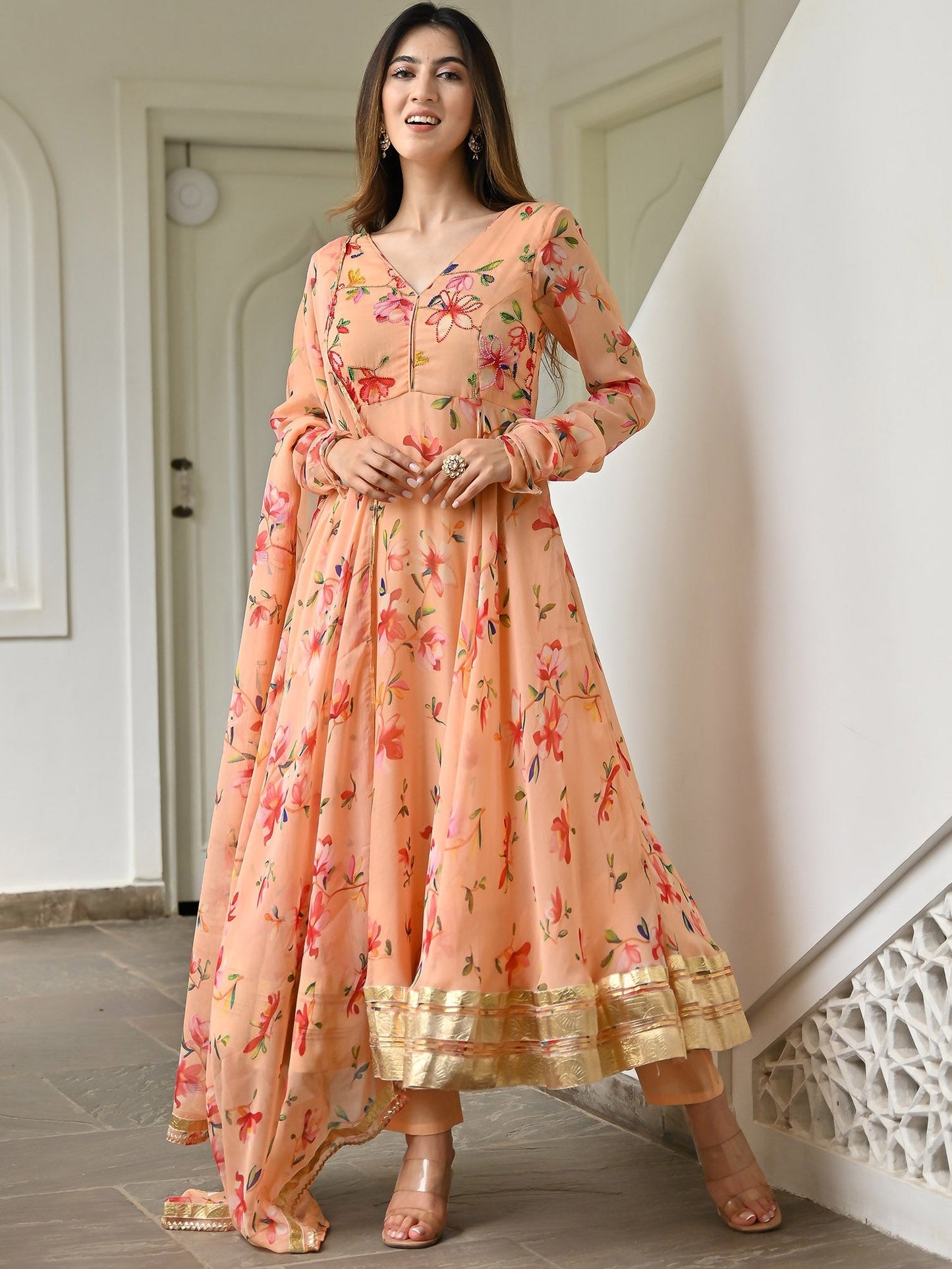 Peach Printed Anarkali