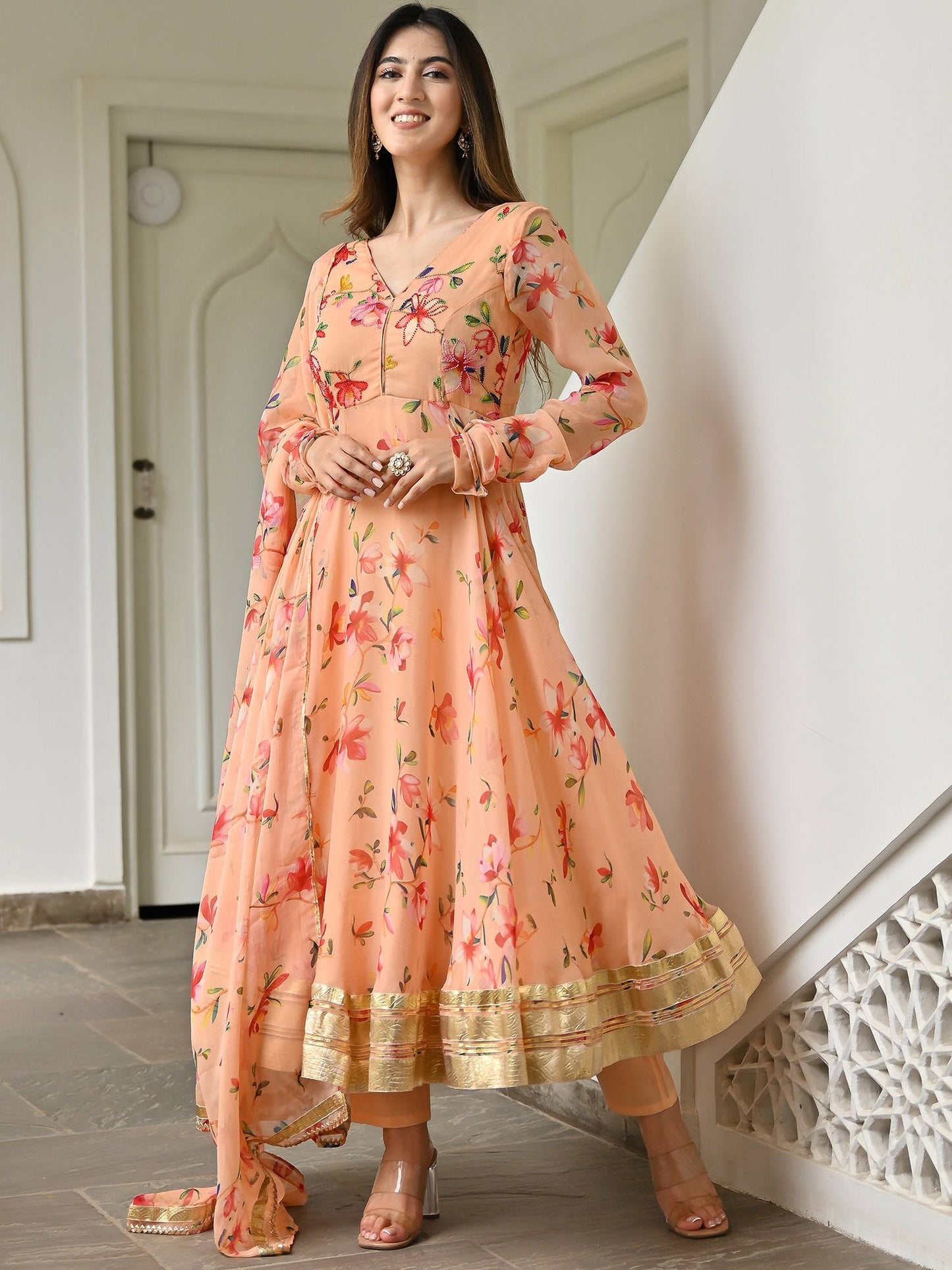 Peach Printed Anarkali