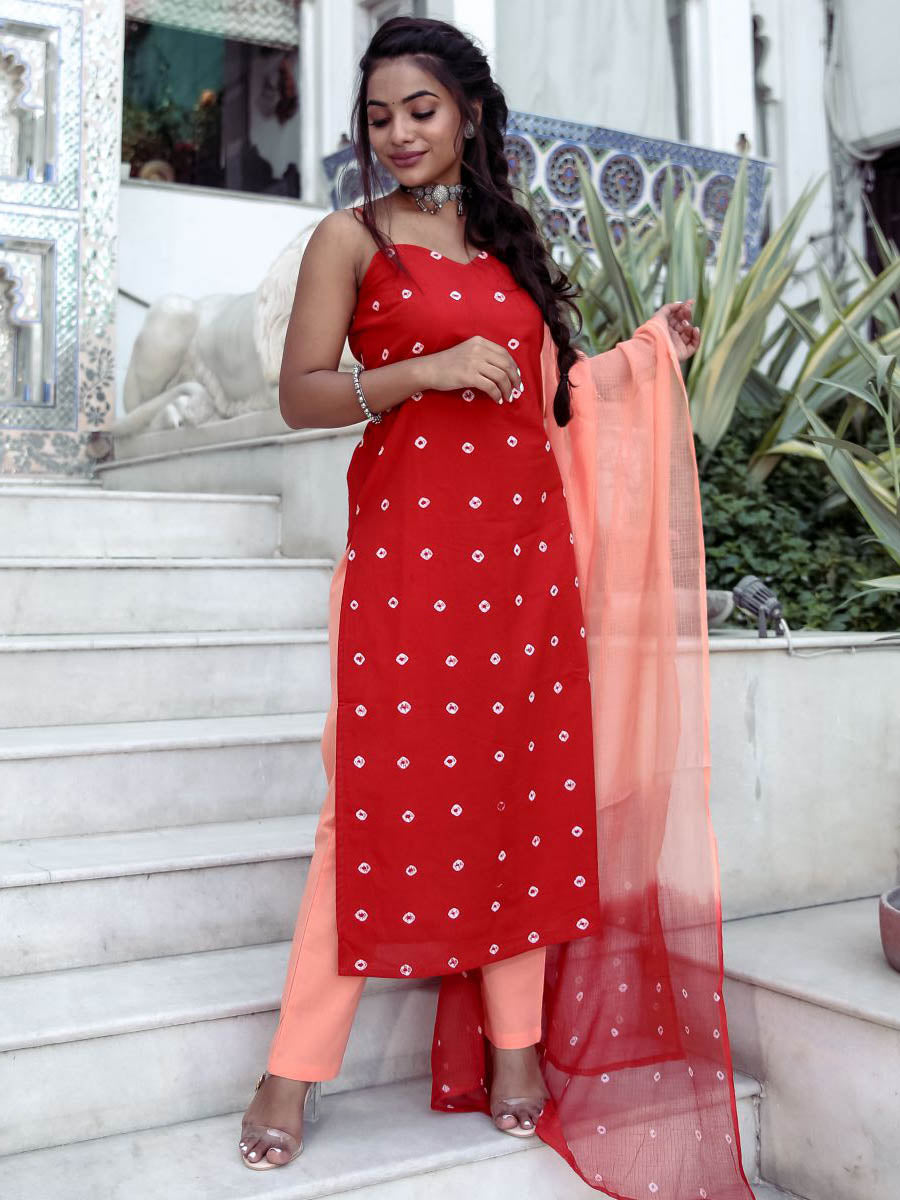 Red Bandhej Kota Doria Dupatta