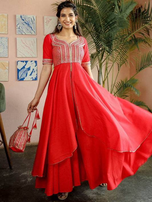 Red Kurta Palazzo Cotton Set