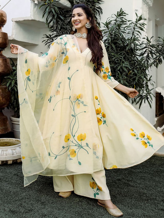 Yellow Handbrush Anarkali Suit Set