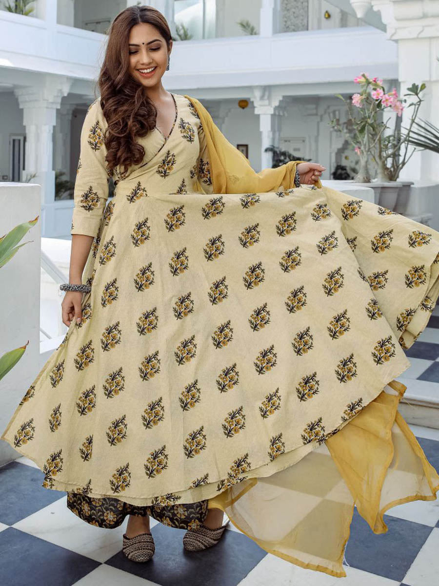 Cream Printed Anarkali Suit Set