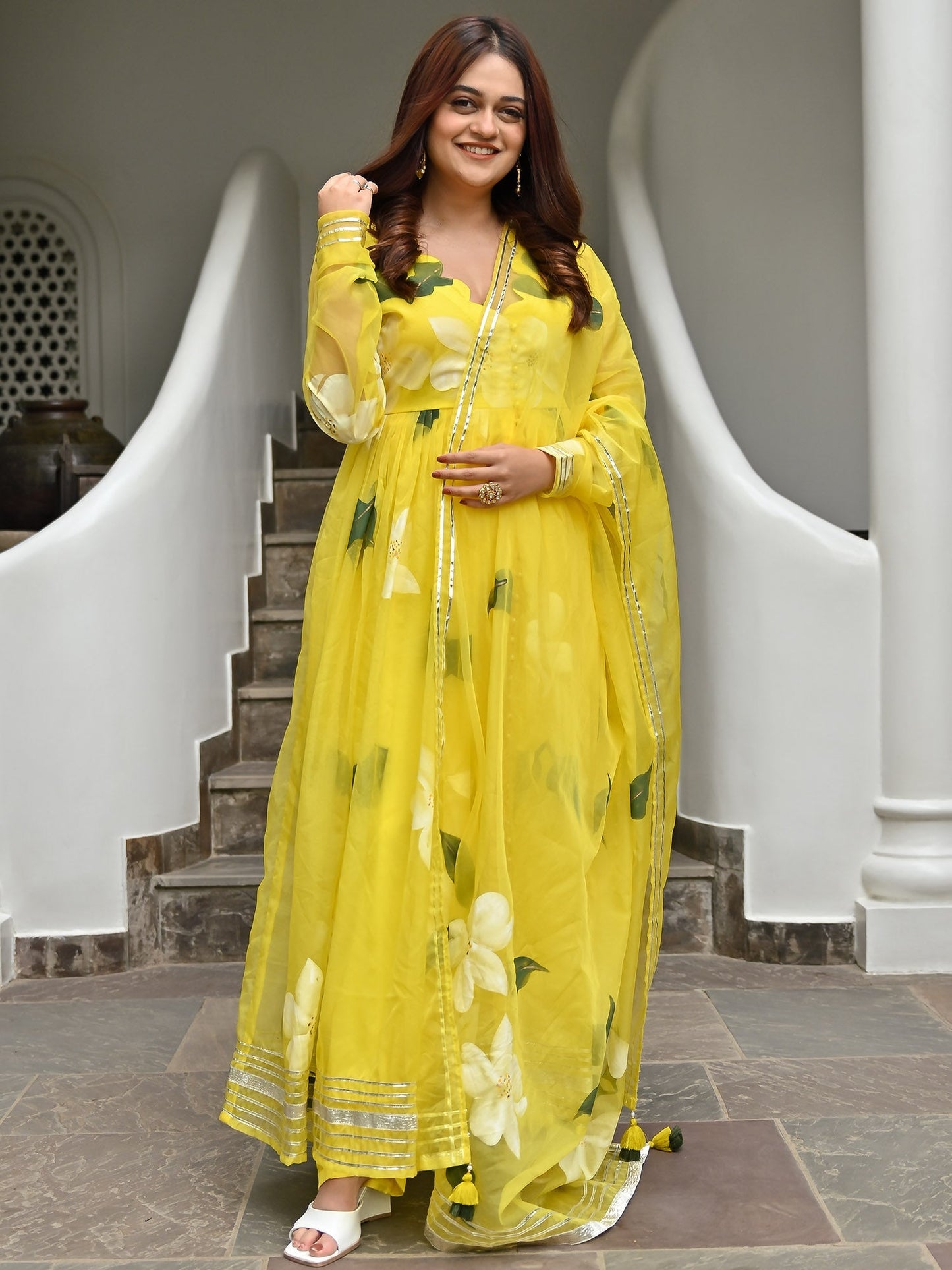 Yellow Handbrush Organza Anarkali Set