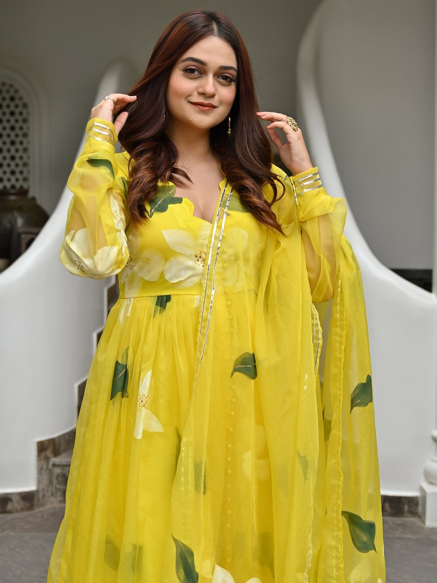 Yellow Handbrush Organza Anarkali Set