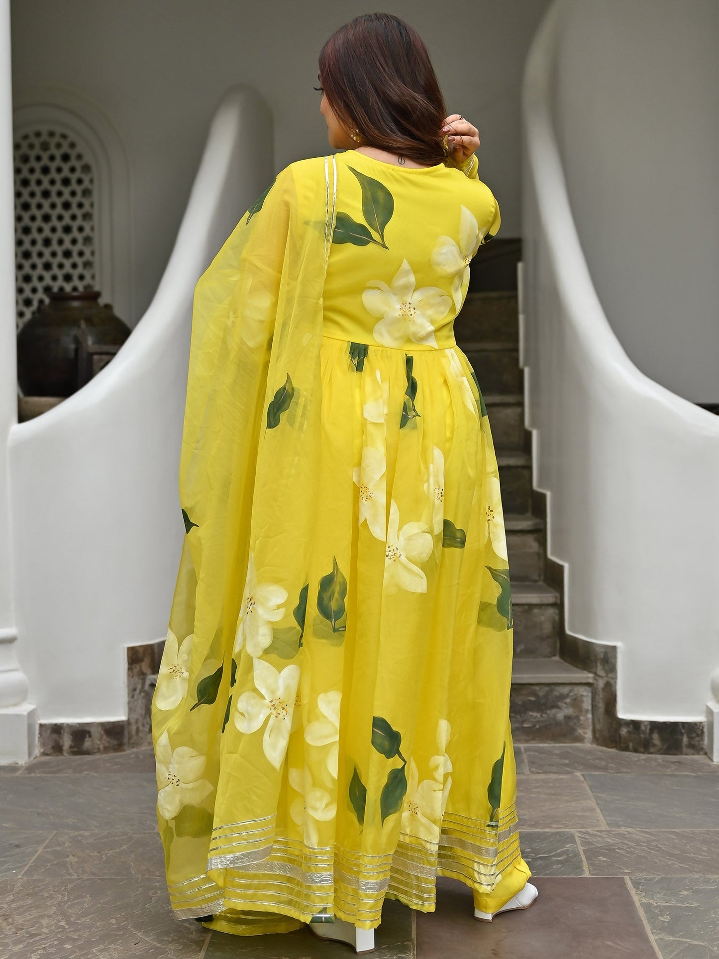 Yellow Handbrush Organza Anarkali Set
