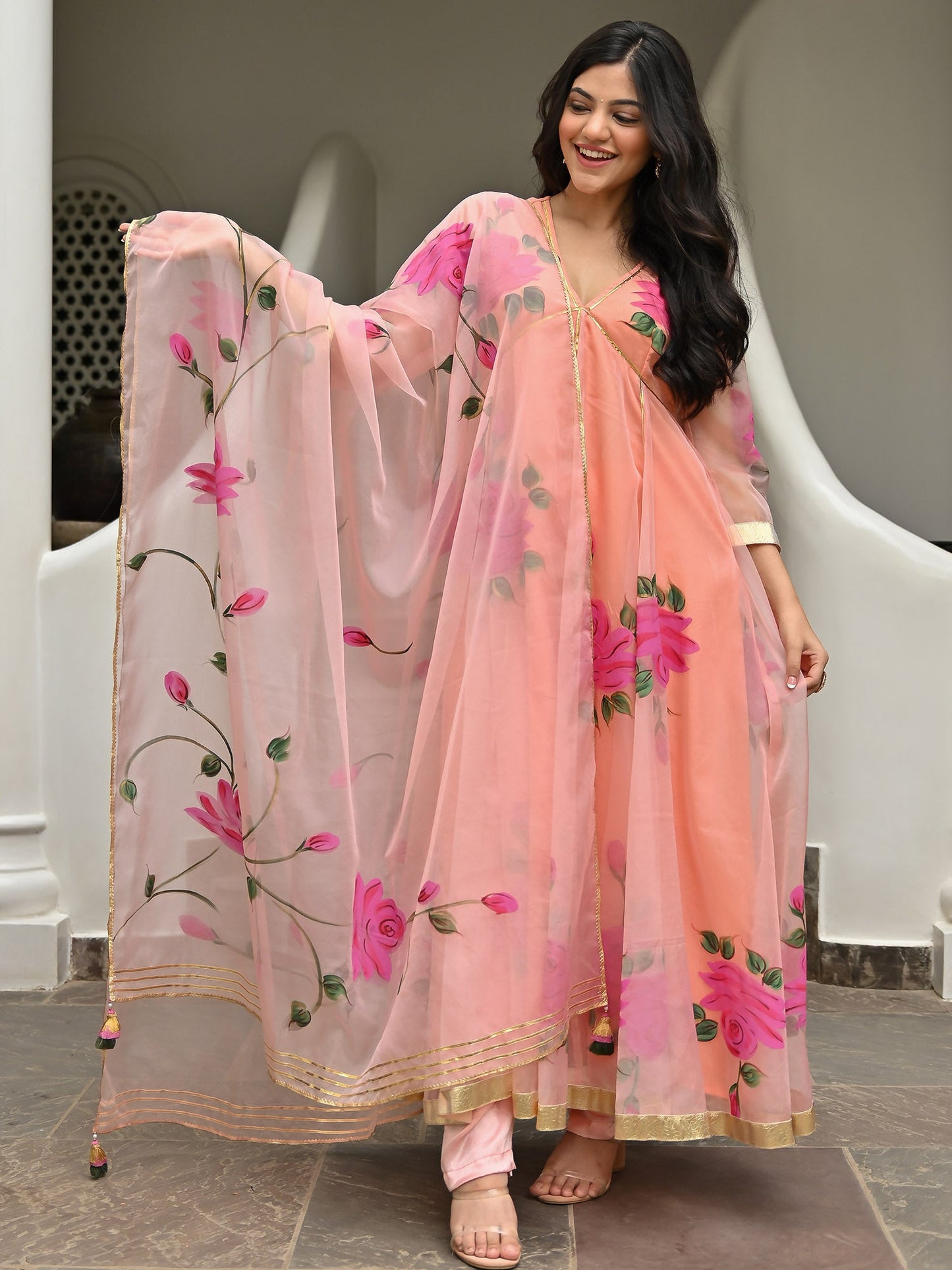 Peach Handbrush Organza Anarkali Set