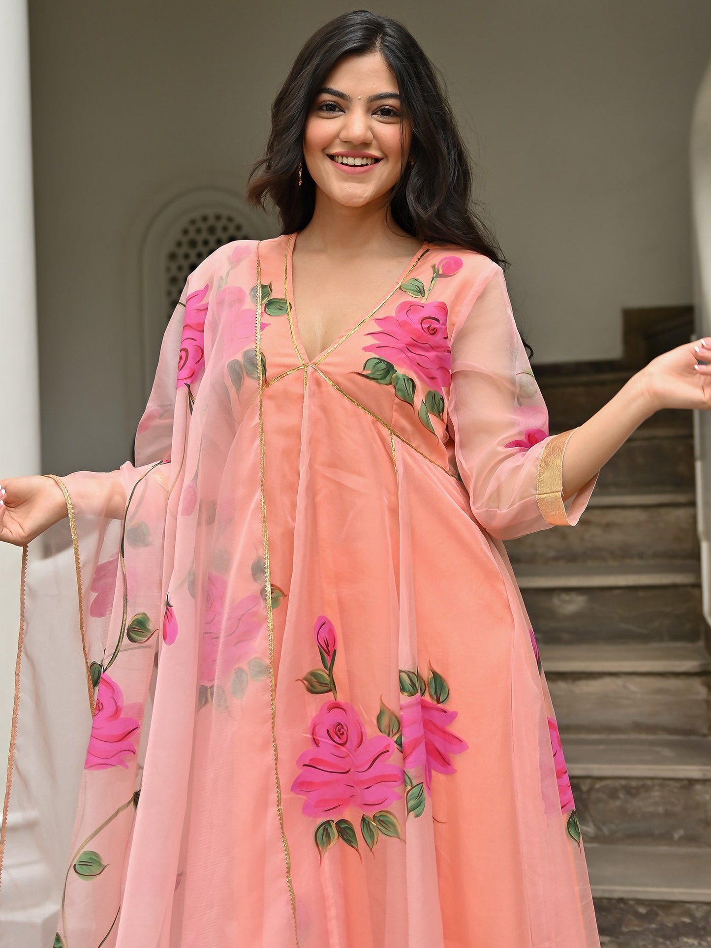 Peach Handbrush Organza Anarkali Set