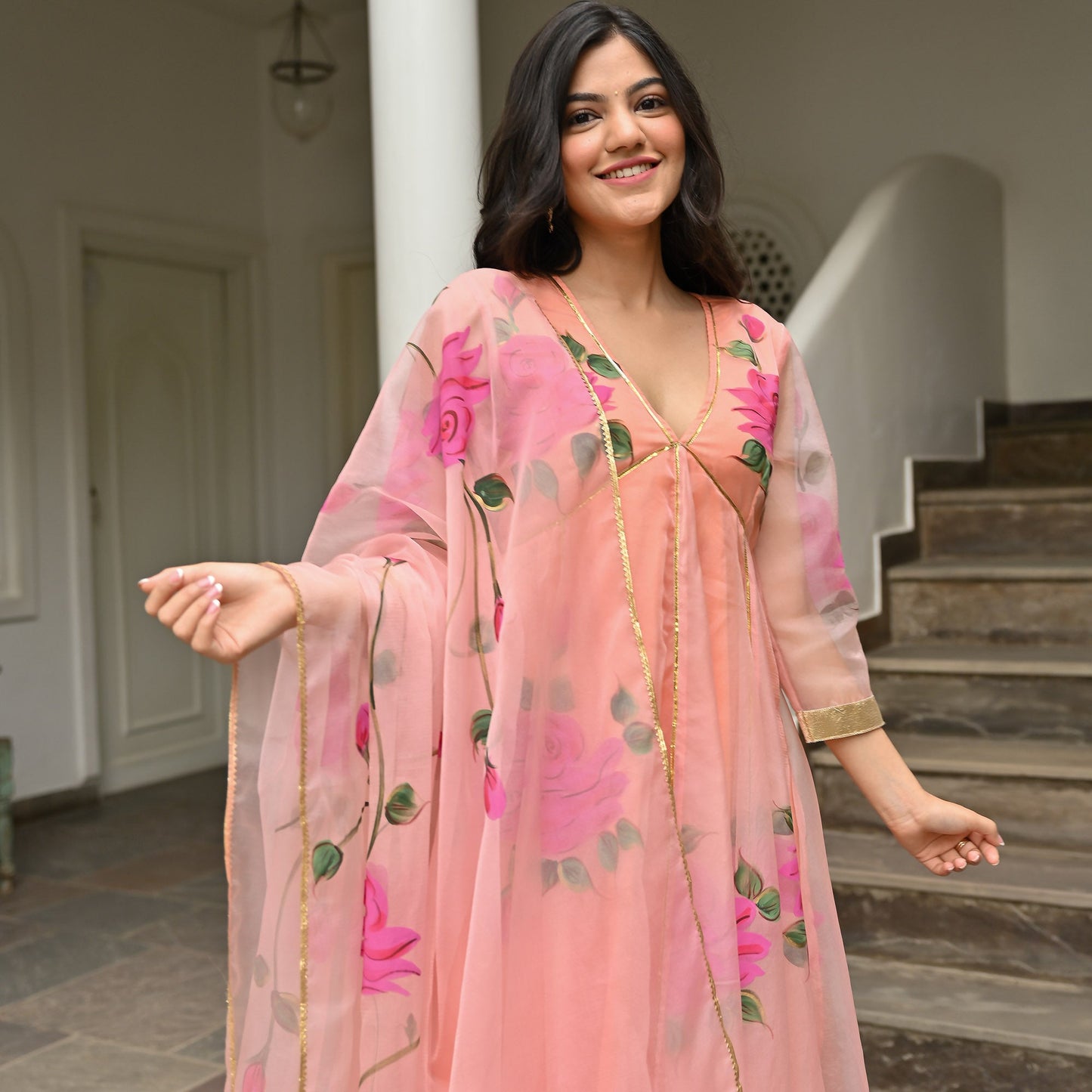 Peach Handbrush Organza Anarkali Set