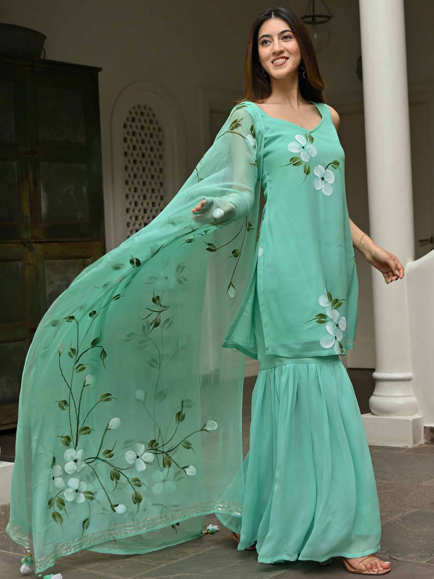 Aqua Green Handbrush Sharara Set