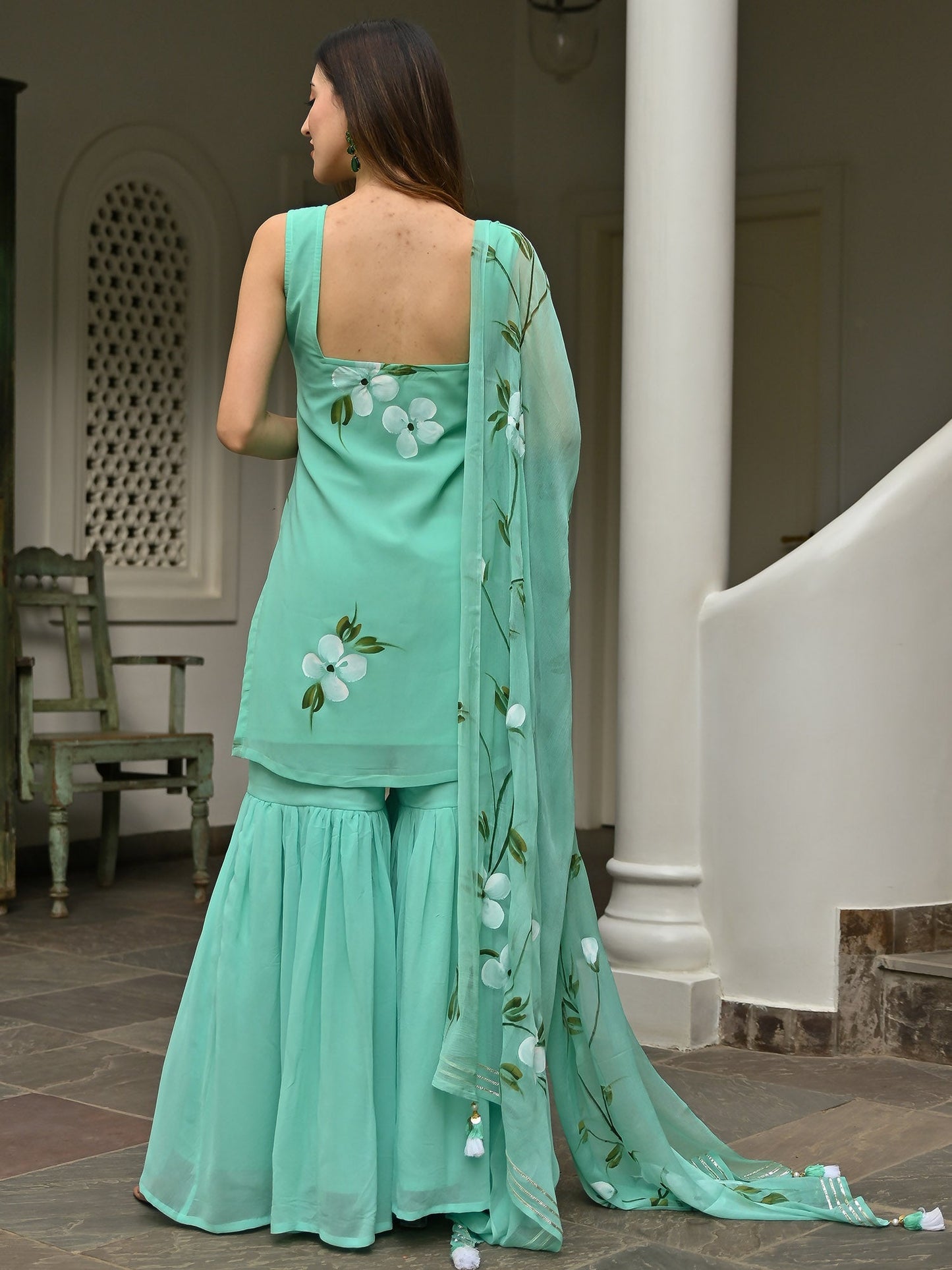 Aqua Green Handbrush Sharara Set