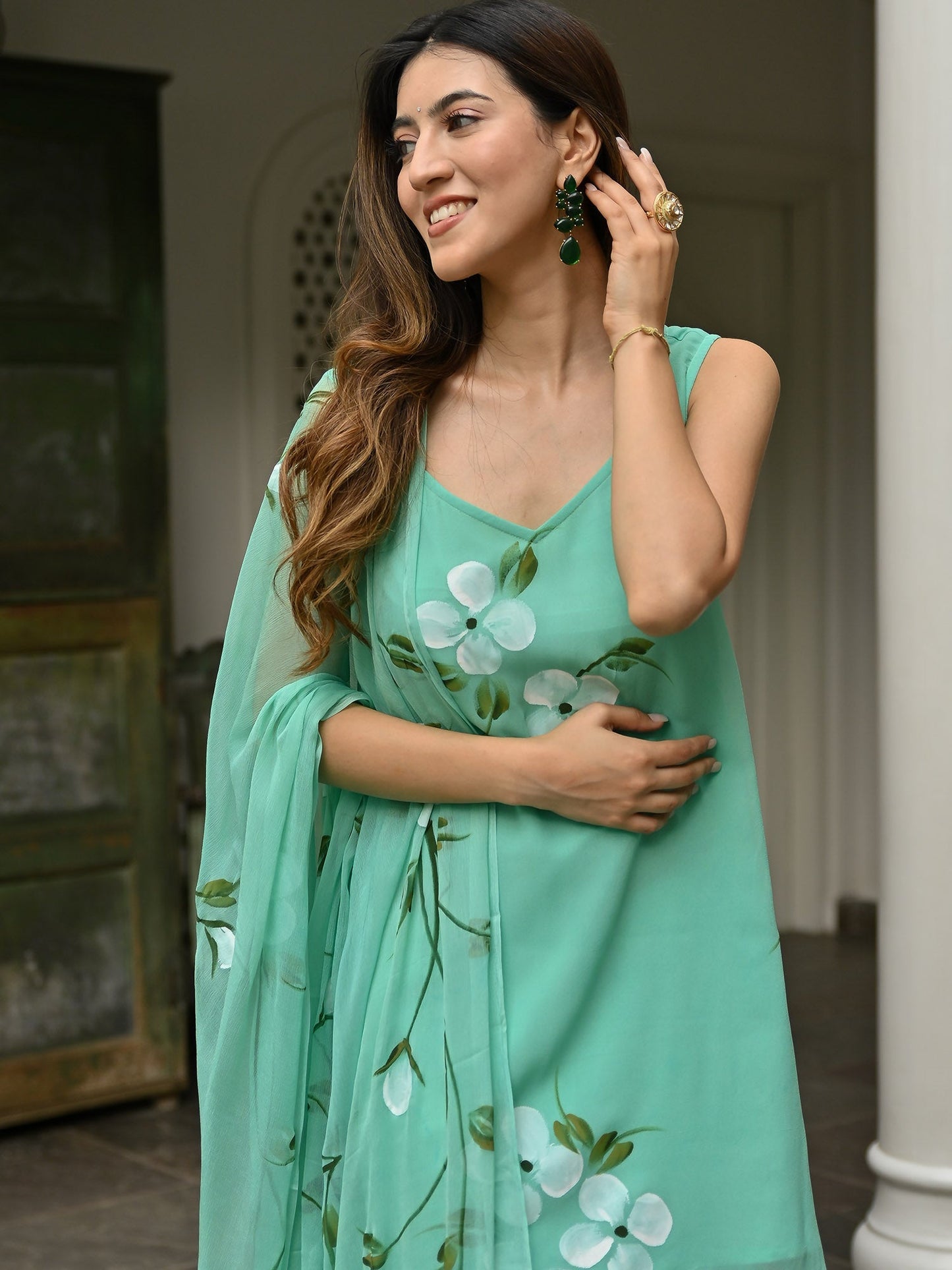 Aqua Green Handbrush Sharara Set