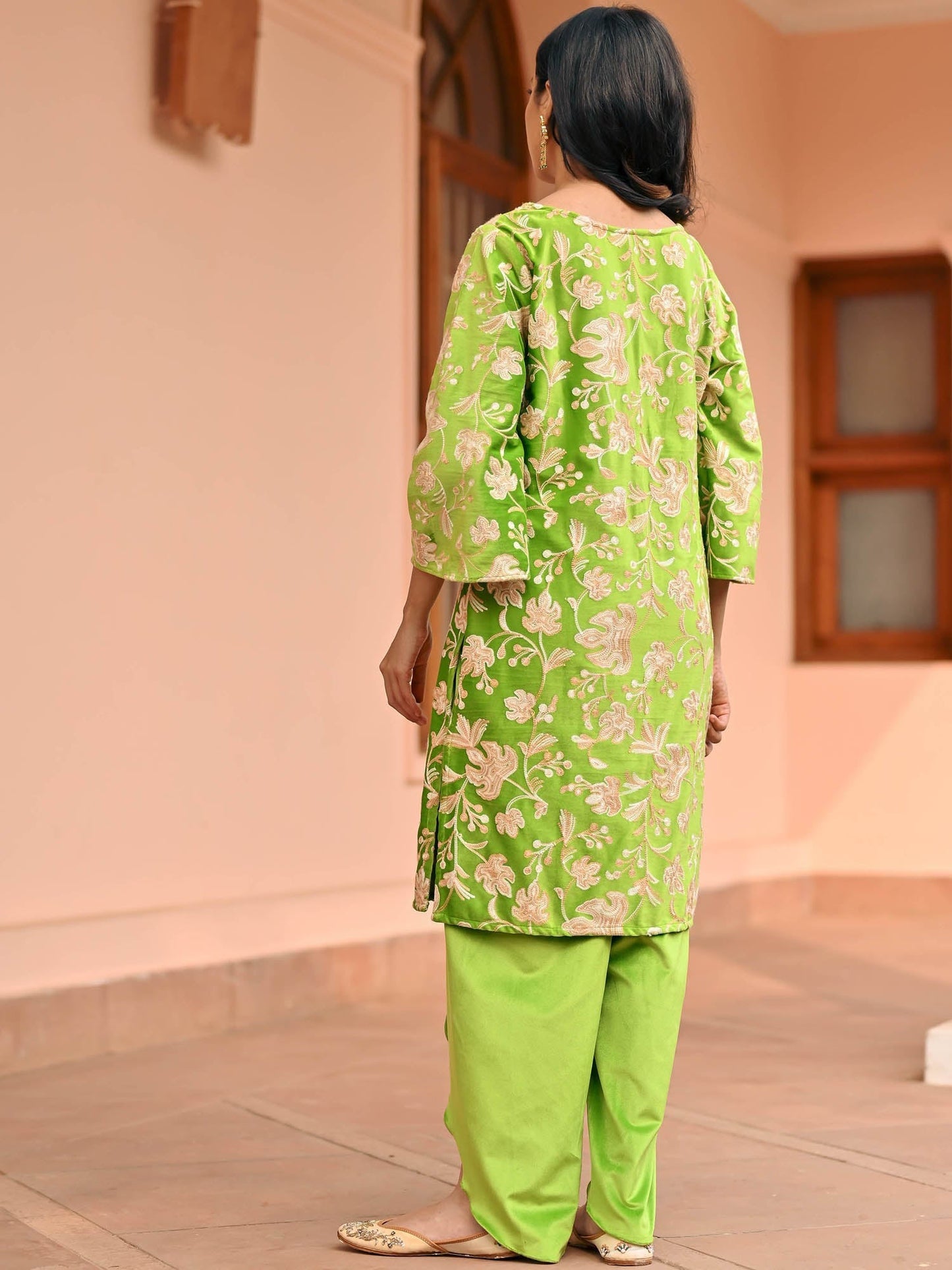 Green Velvet Kurta Dhoti Set