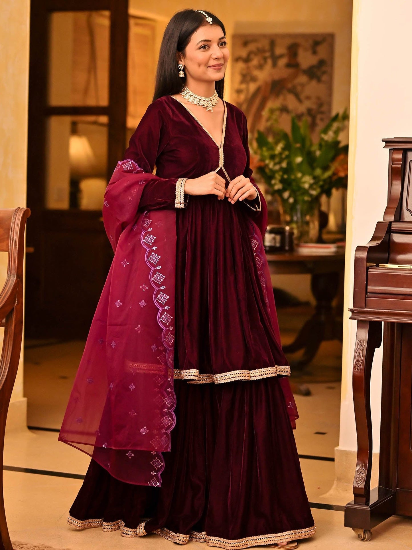Magenta Velvet Sharara Set