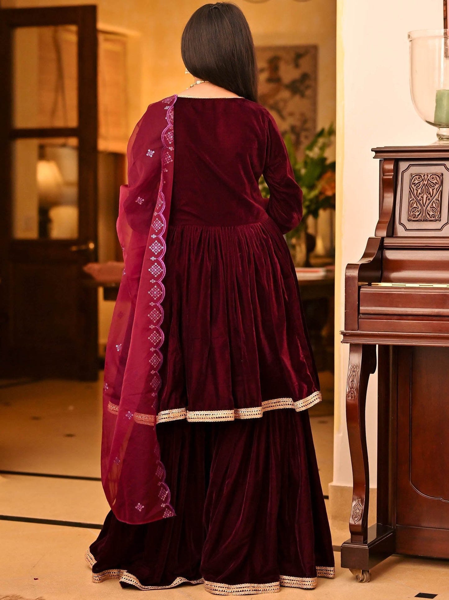 Magenta Velvet Sharara Set
