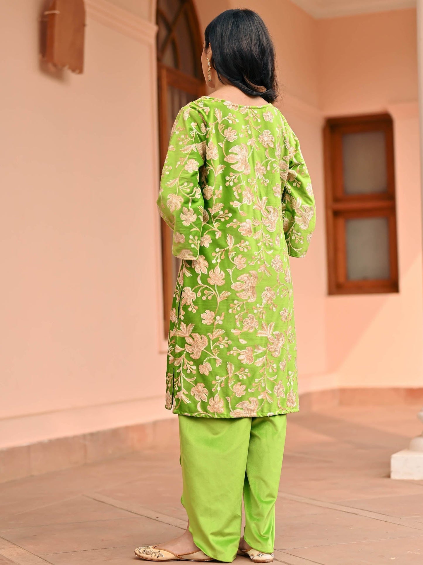 Green Velvet Kurta Dhoti Set