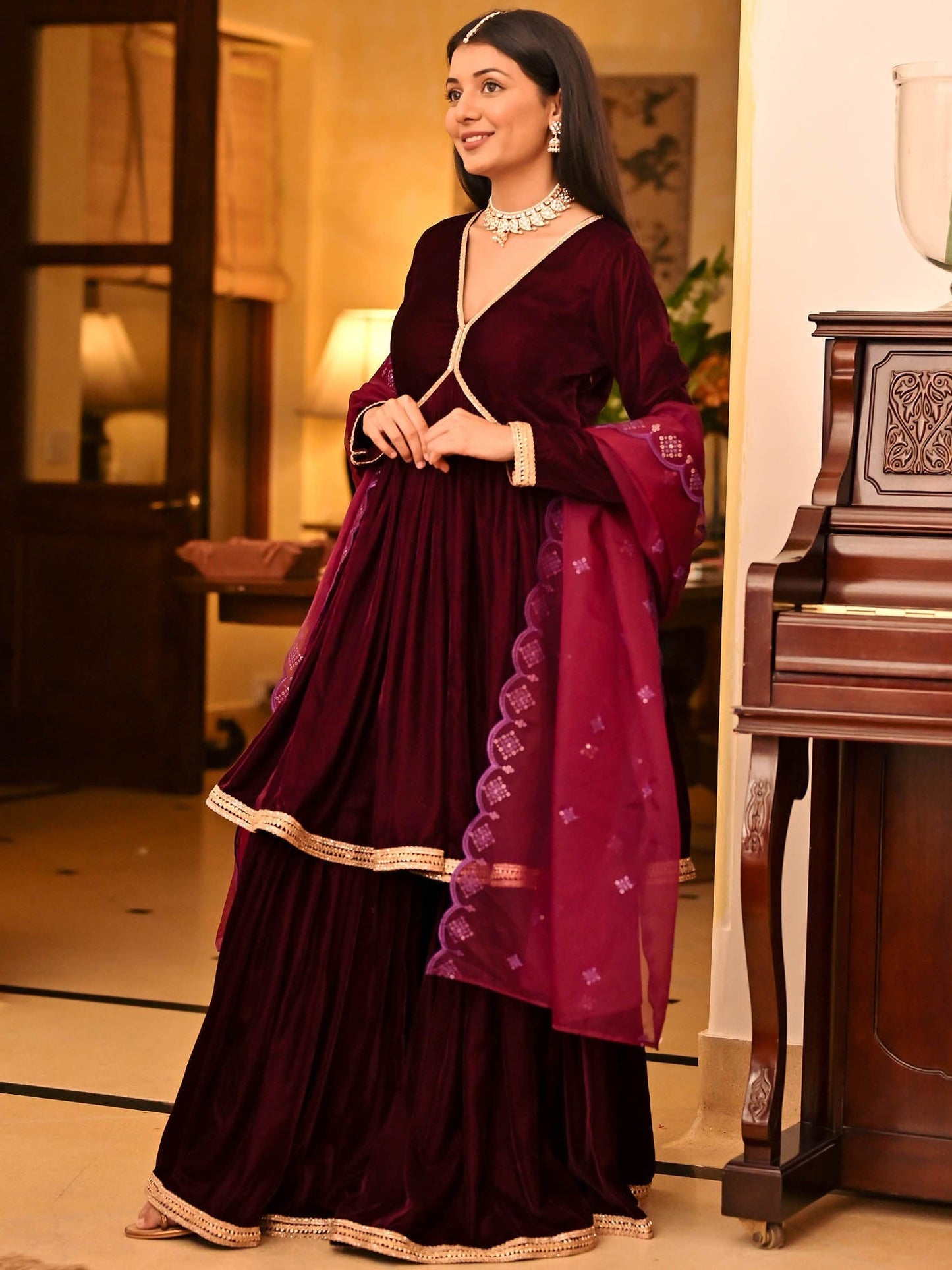 Magenta Velvet Sharara Set