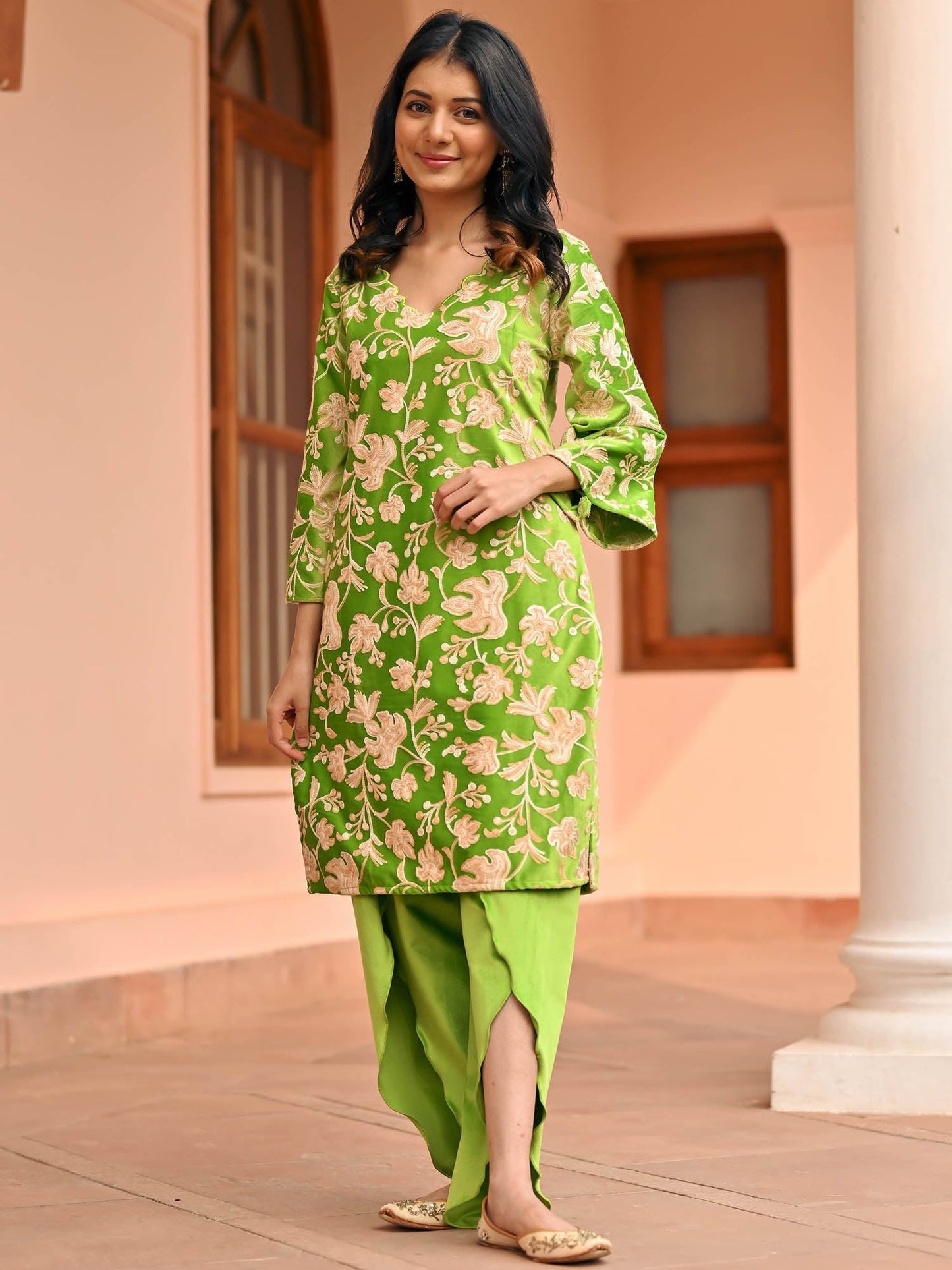Green Velvet Kurta Dhoti Set