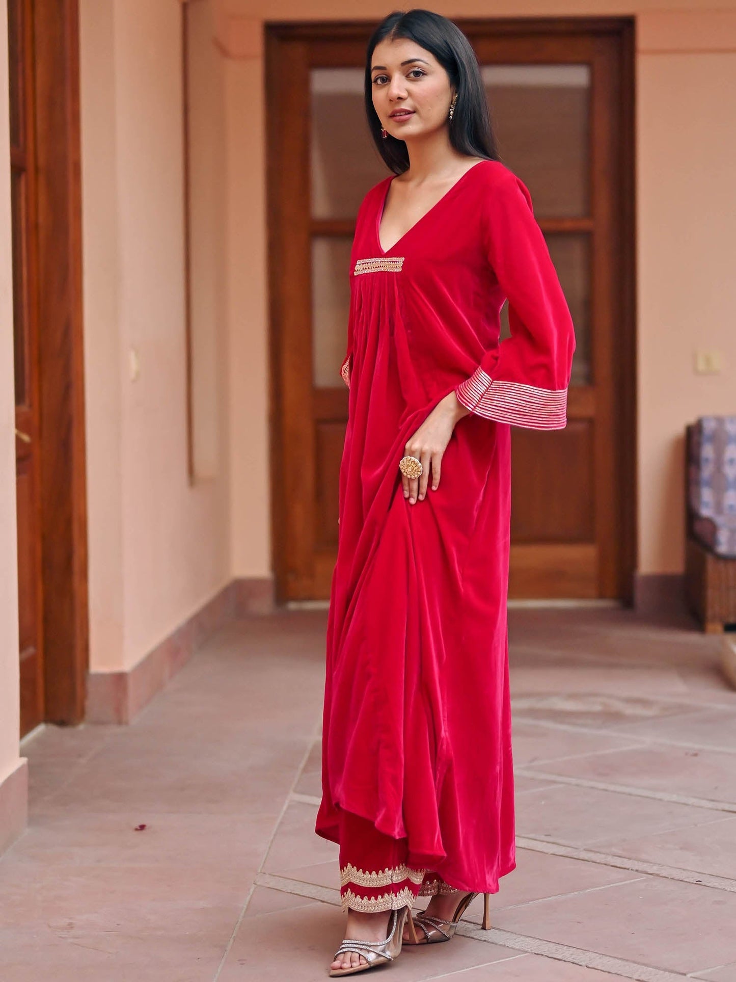 Red Velvet Kurta Set