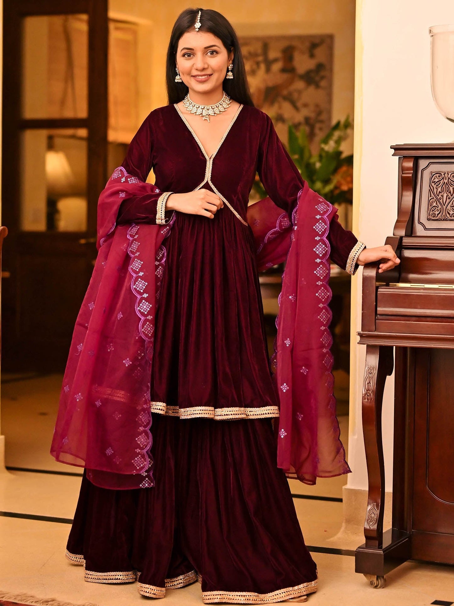 Magenta Velvet Sharara Set