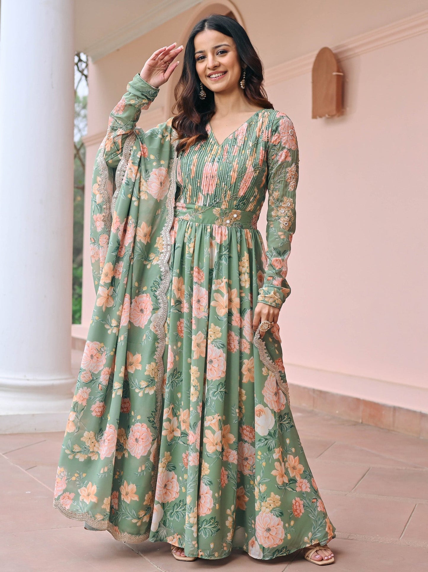 Green Printed Anarkali Set