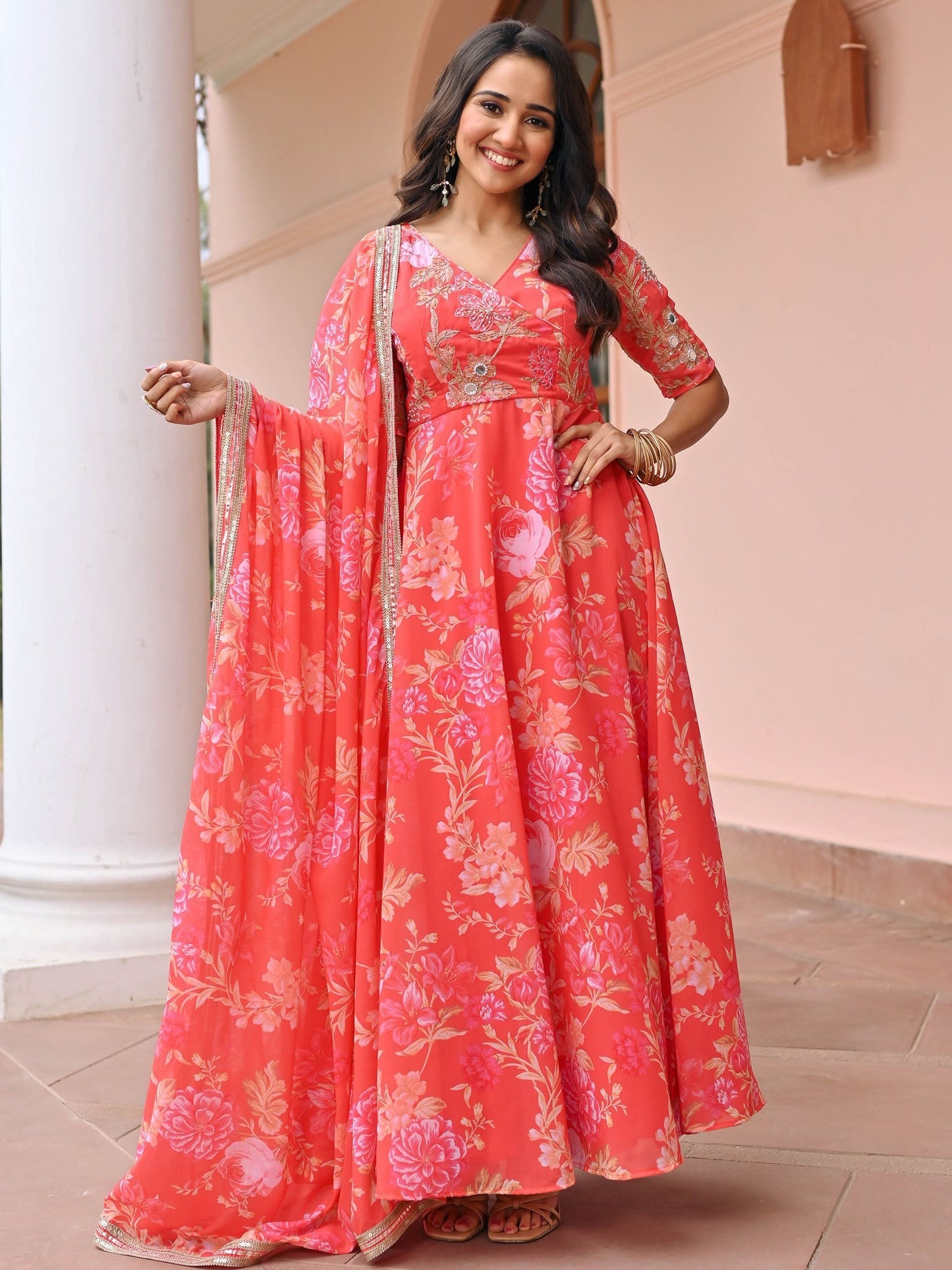 Orange Hand work Printed Anarkali Set