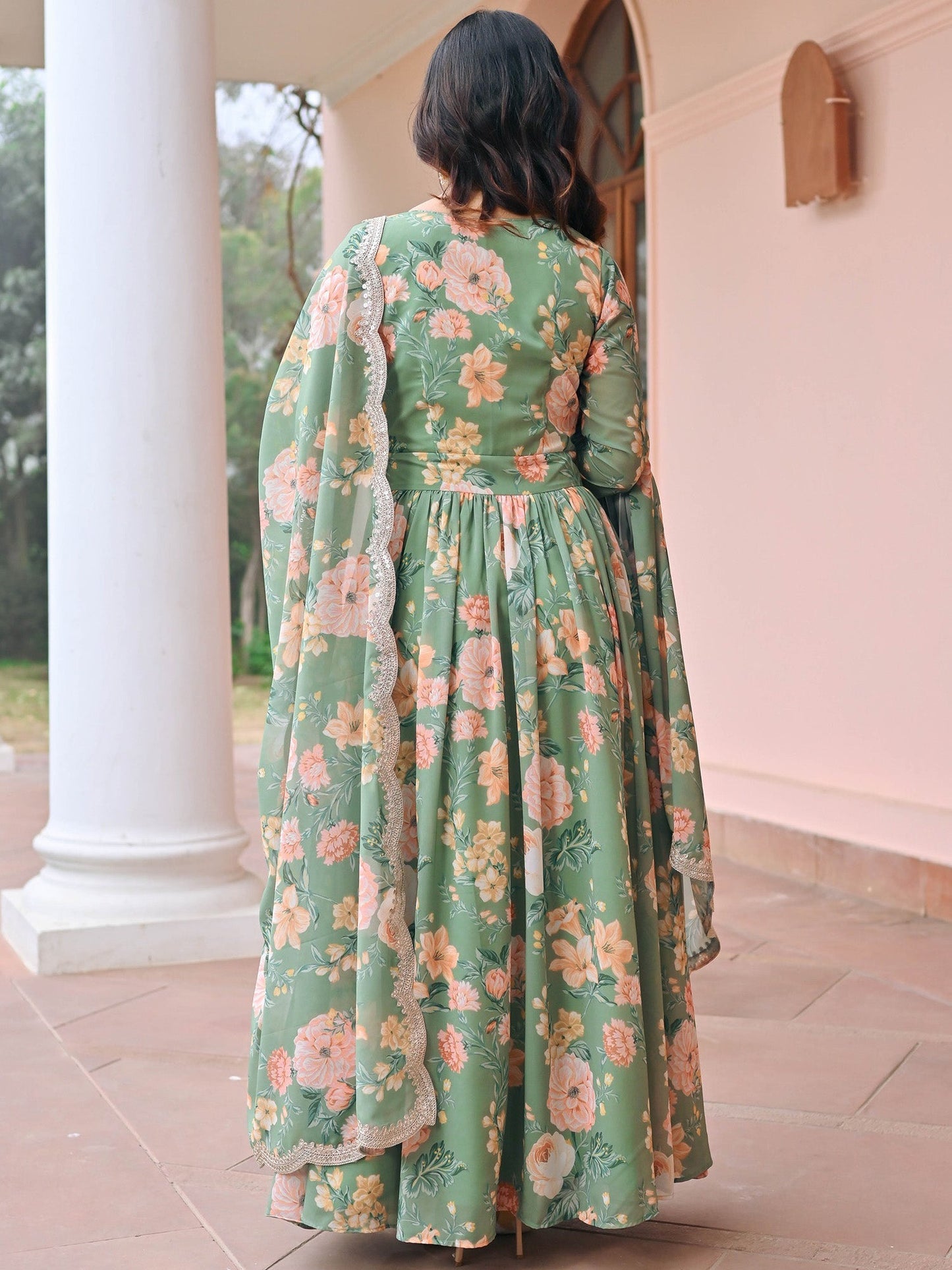 Green Printed Anarkali Set