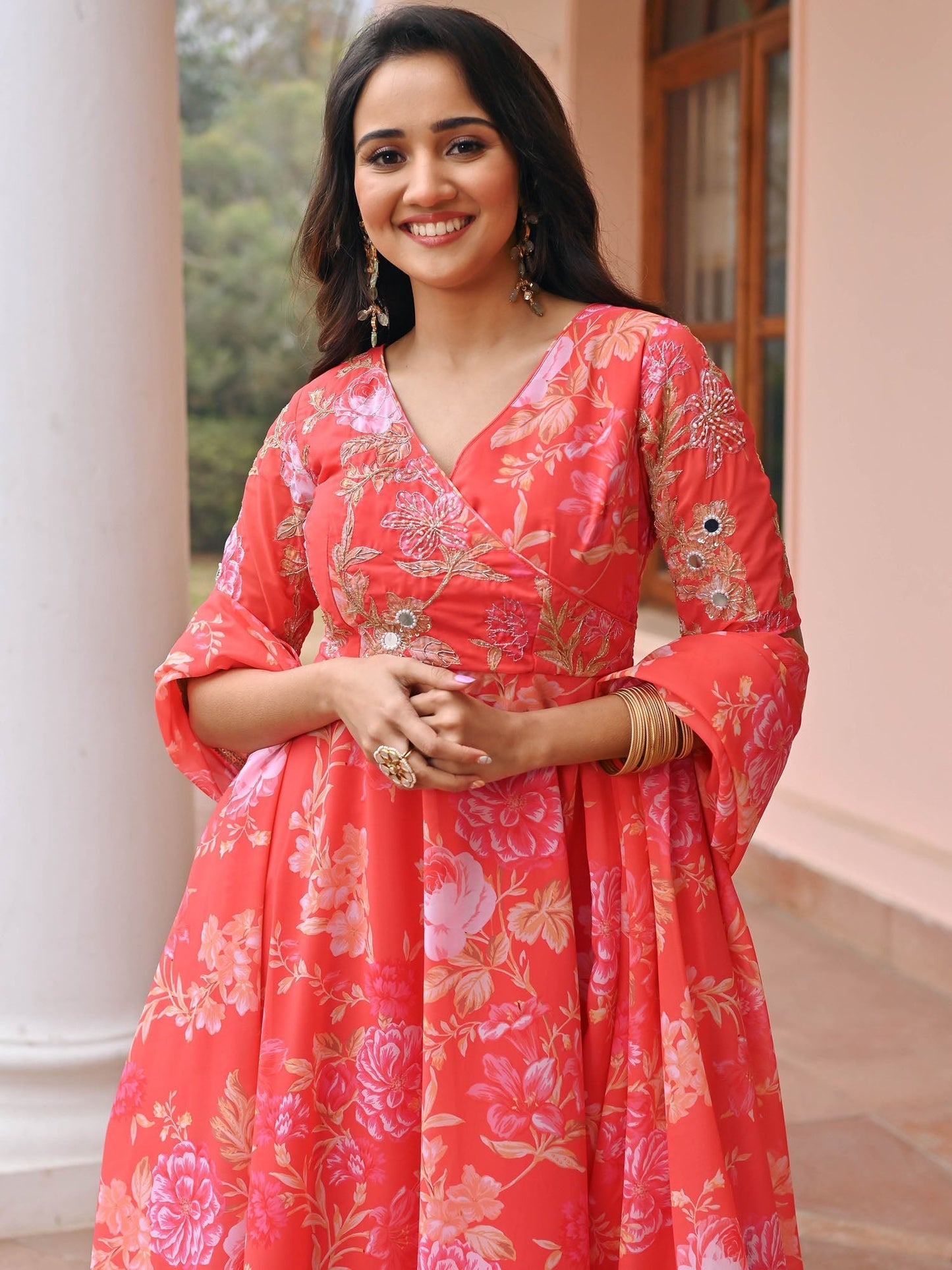 Orange Hand work Printed Anarkali Set