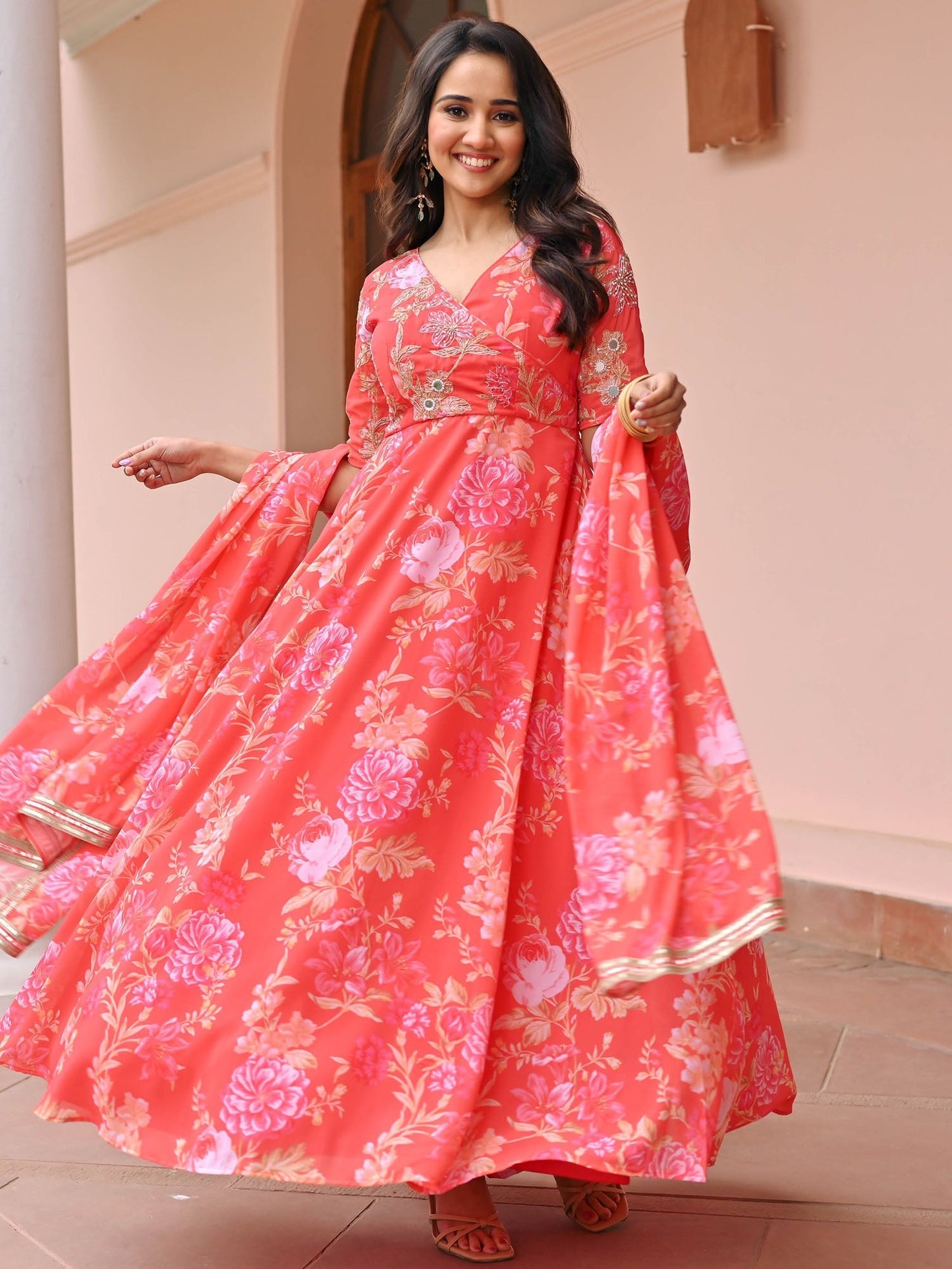 Orange Hand work Printed Anarkali Set
