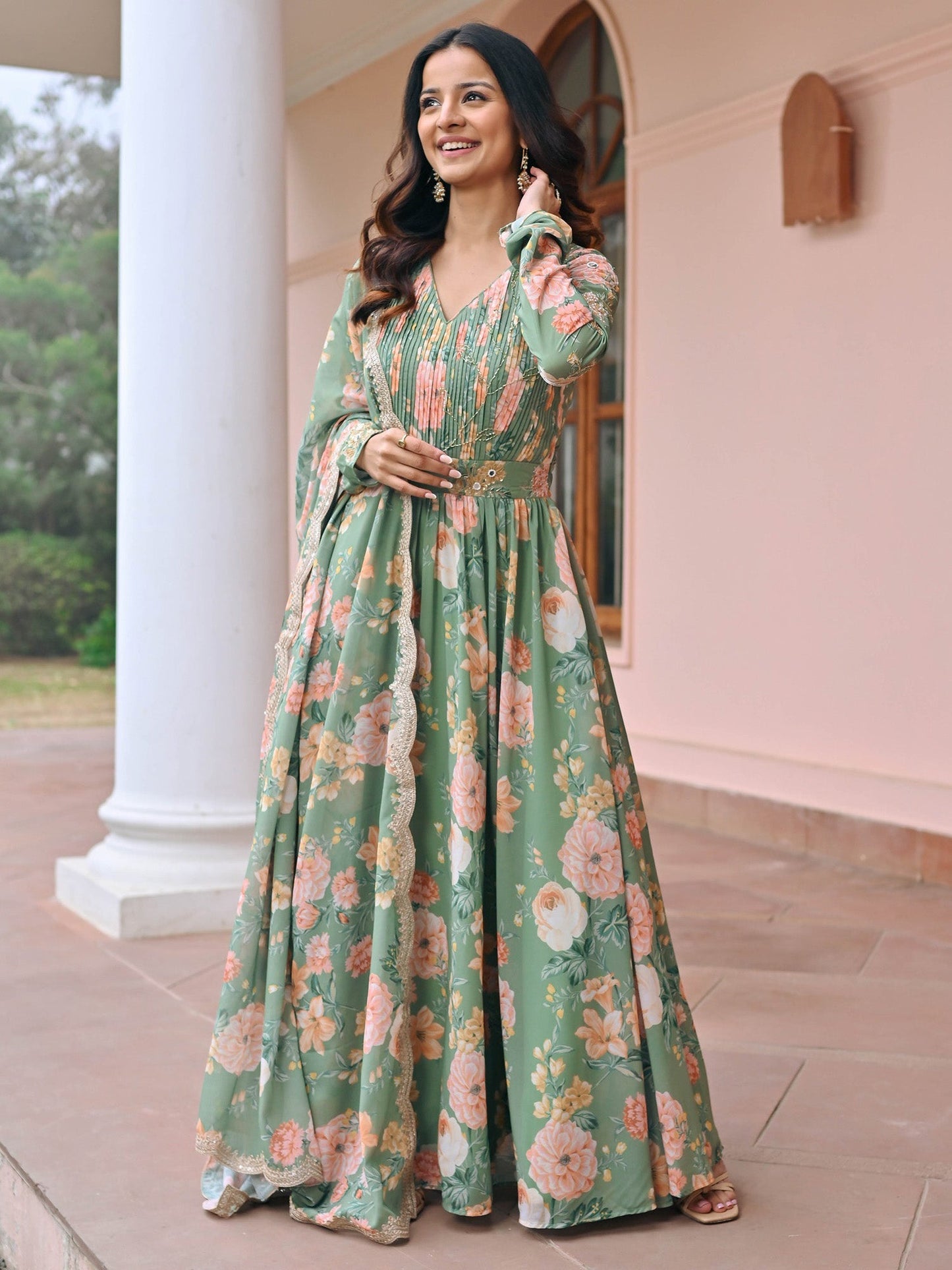 Green Printed Anarkali Set