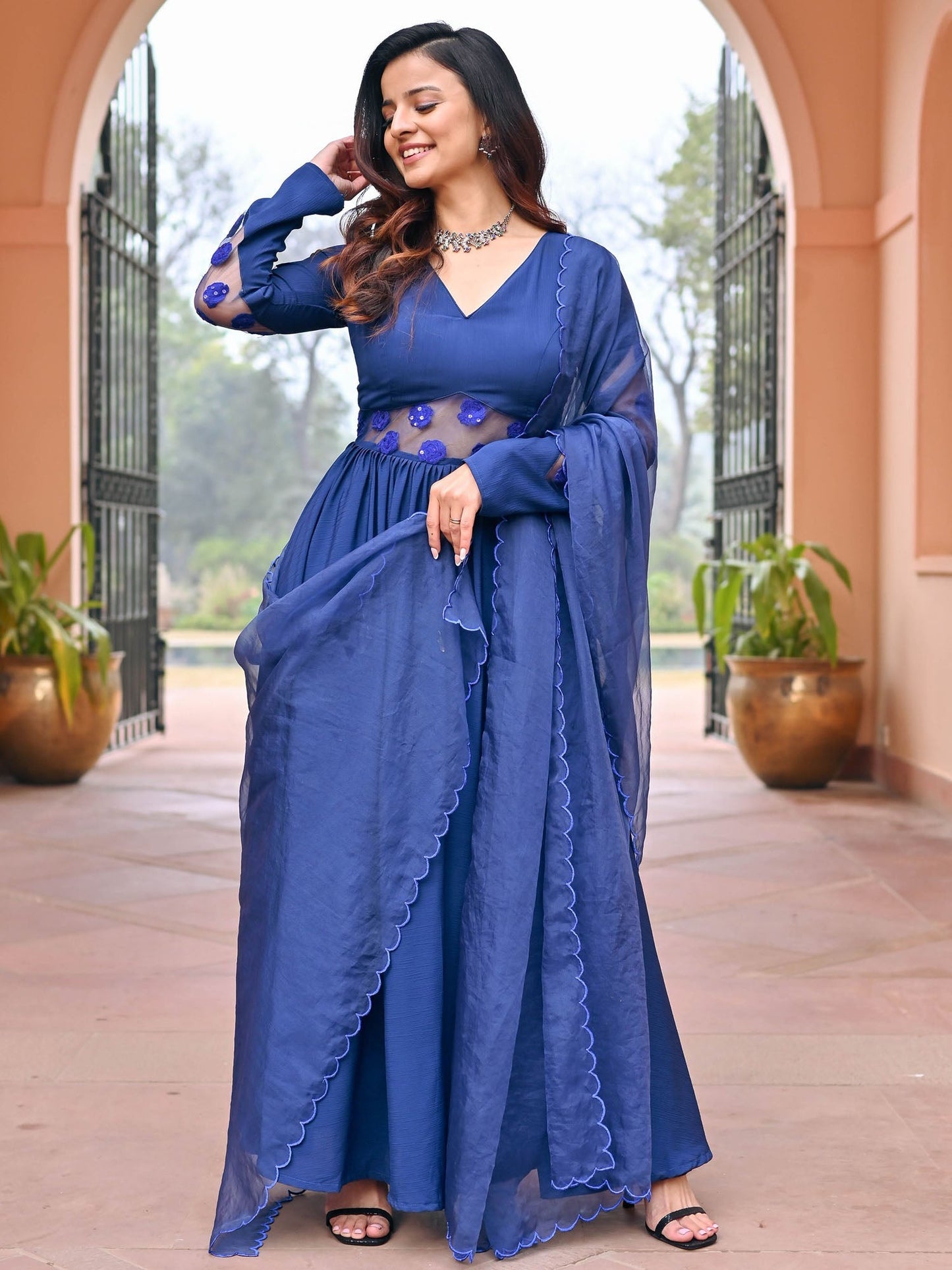 Blue Embroidered Silk Anarkali Set