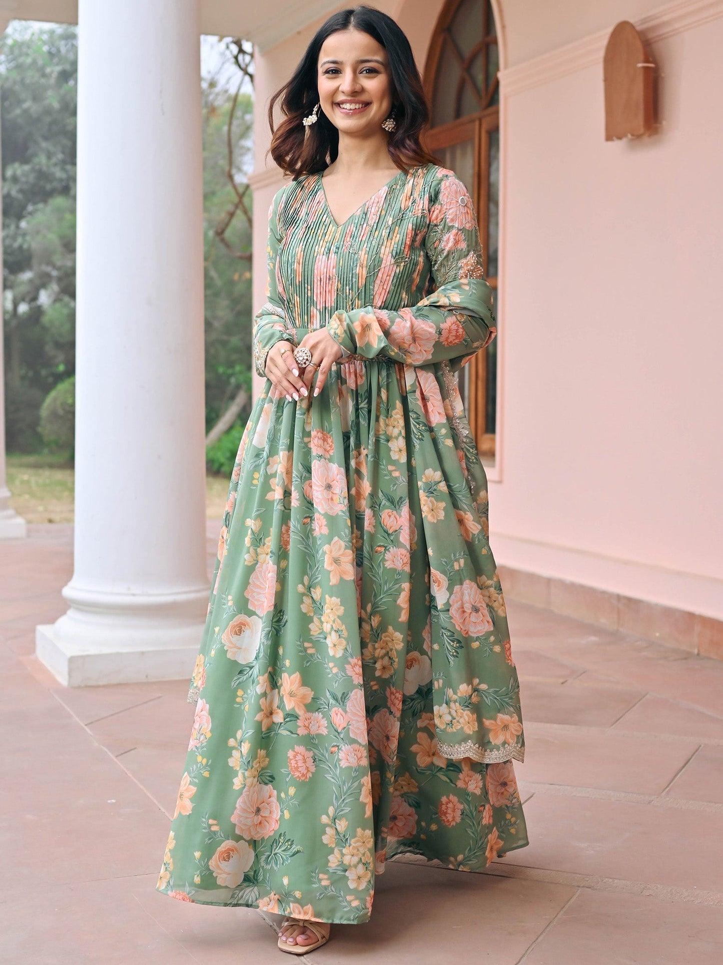 Green Printed Anarkali Set