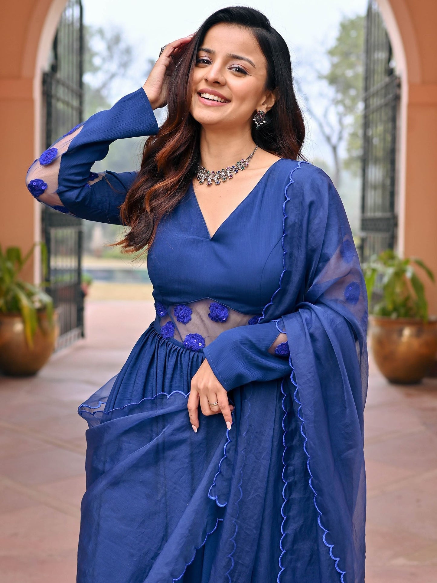 Blue Embroidered Silk Anarkali Set