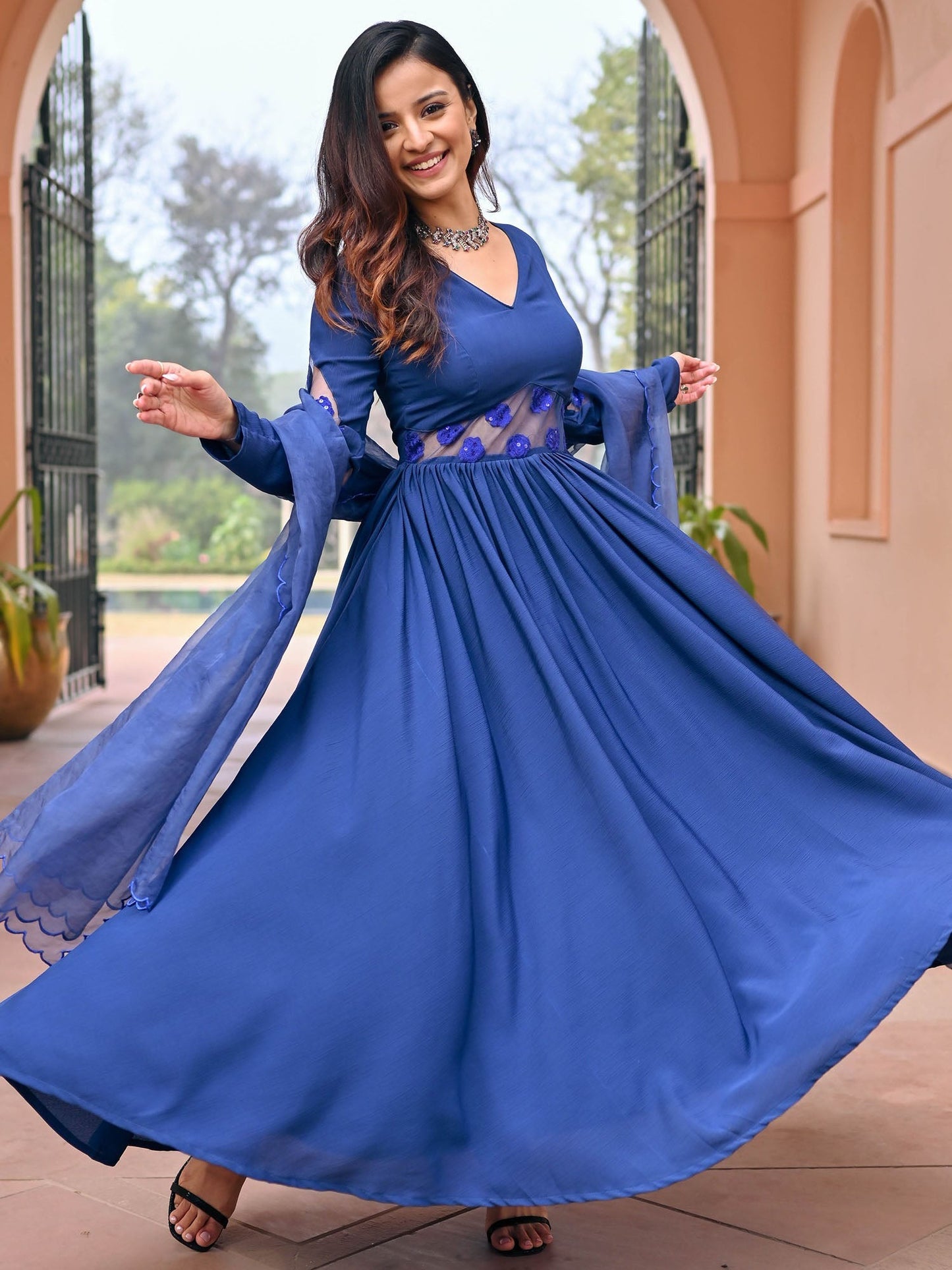 Blue Embroidered Silk Anarkali Set