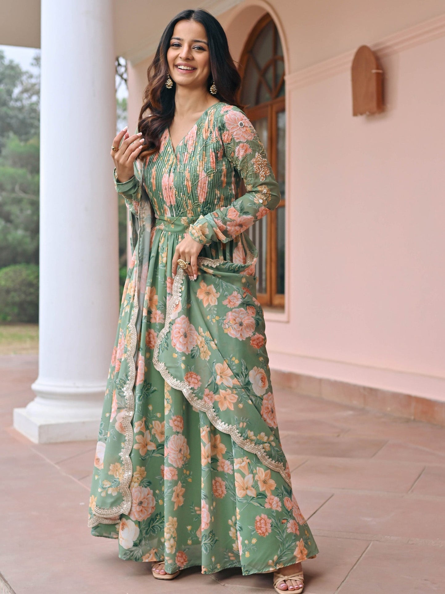 Green Printed Anarkali Set