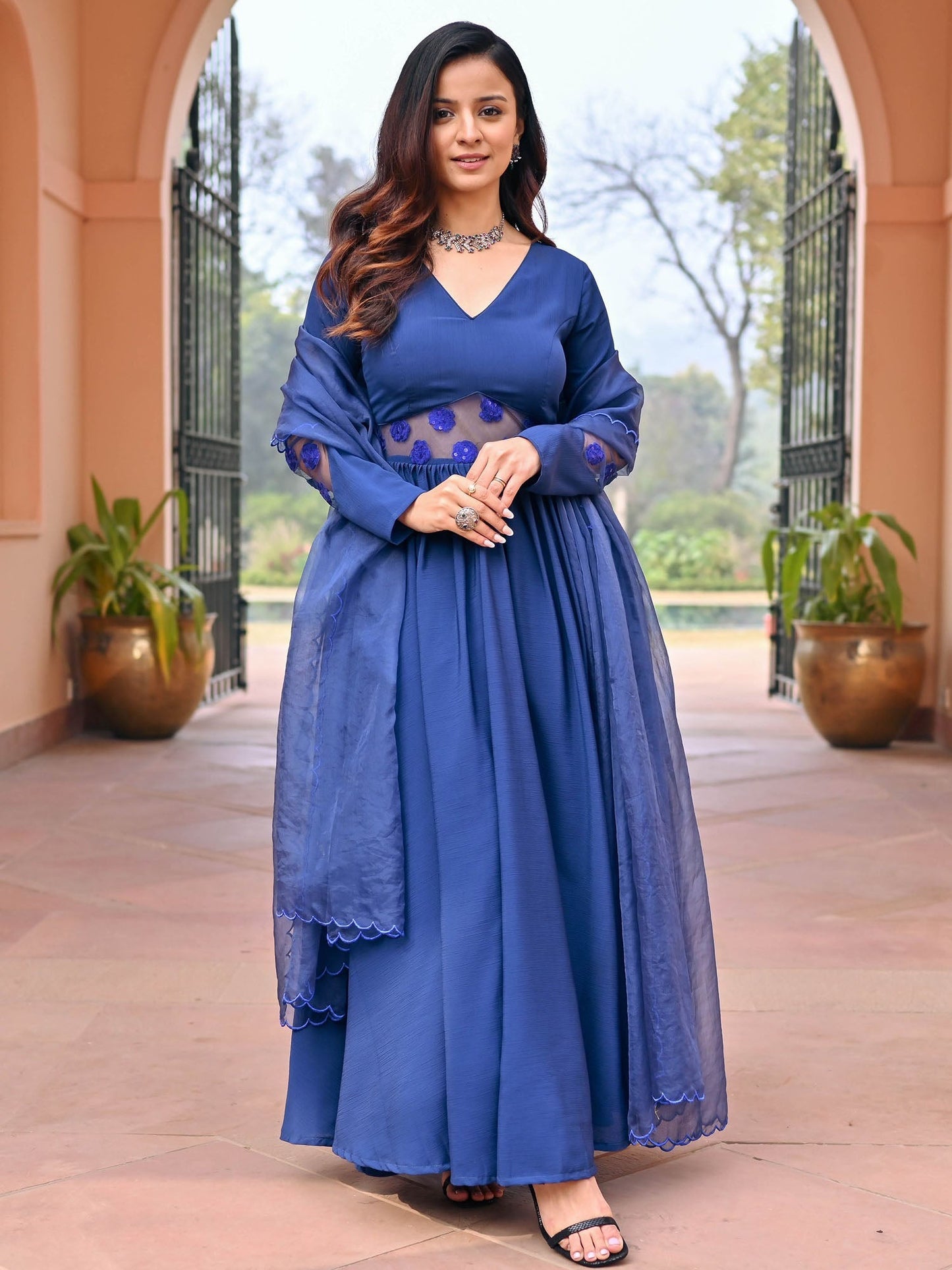 Blue Embroidered Silk Anarkali Set