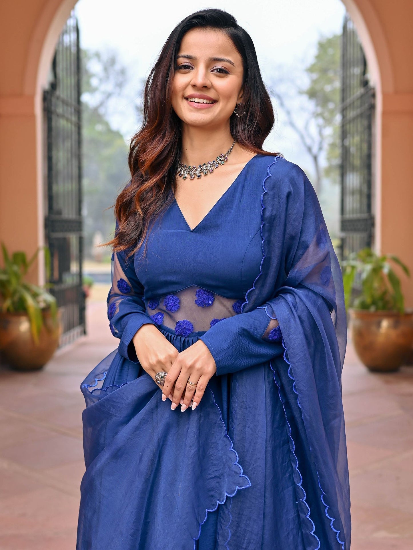Blue Embroidered Silk Anarkali Set