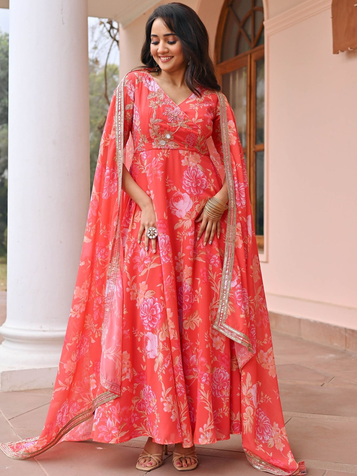 Orange Hand work Printed Anarkali Set