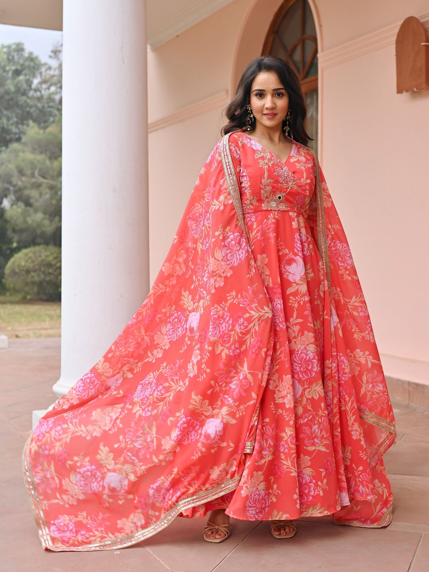Orange Hand work Printed Anarkali Set