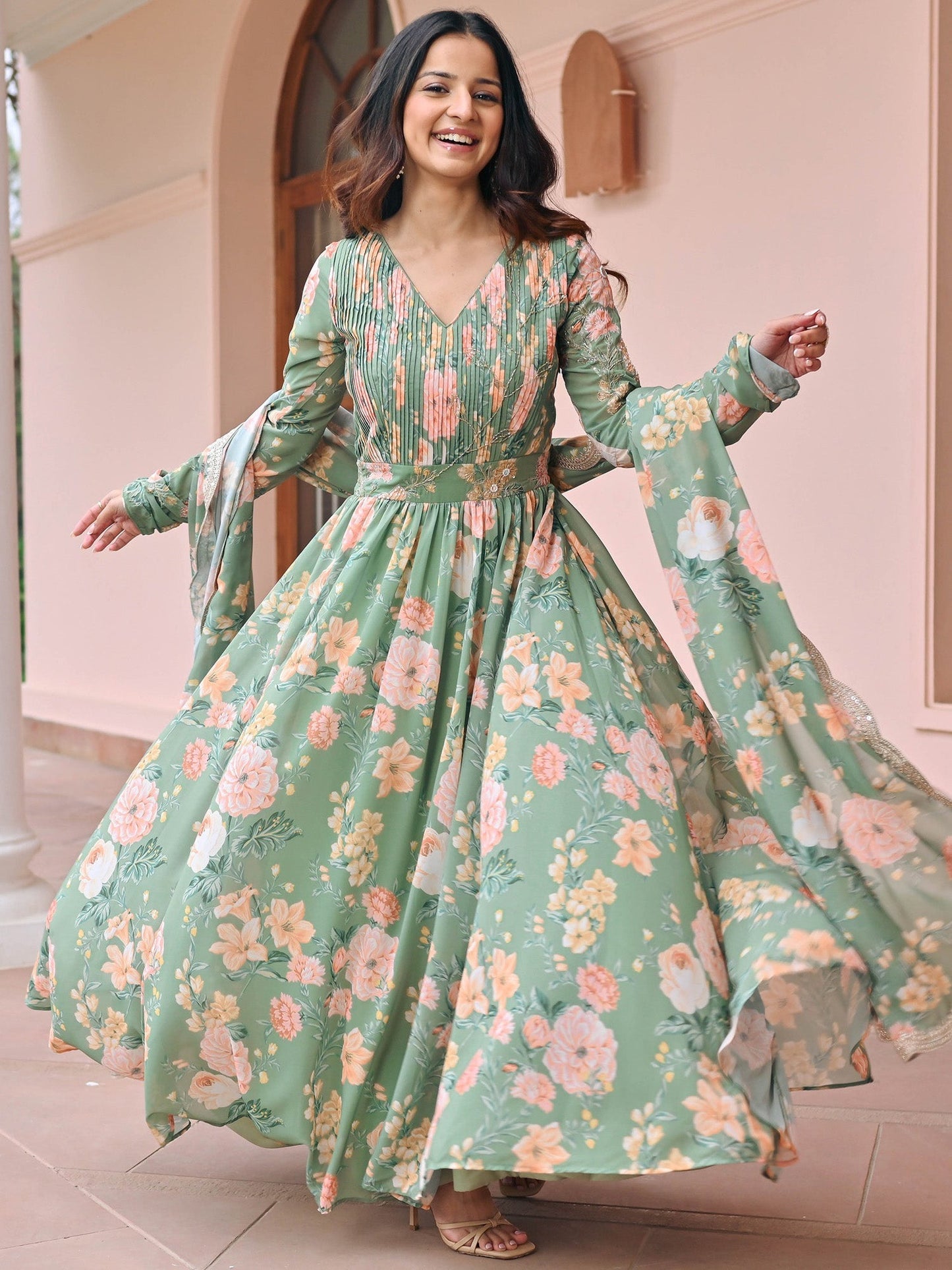 Green Printed Anarkali Set